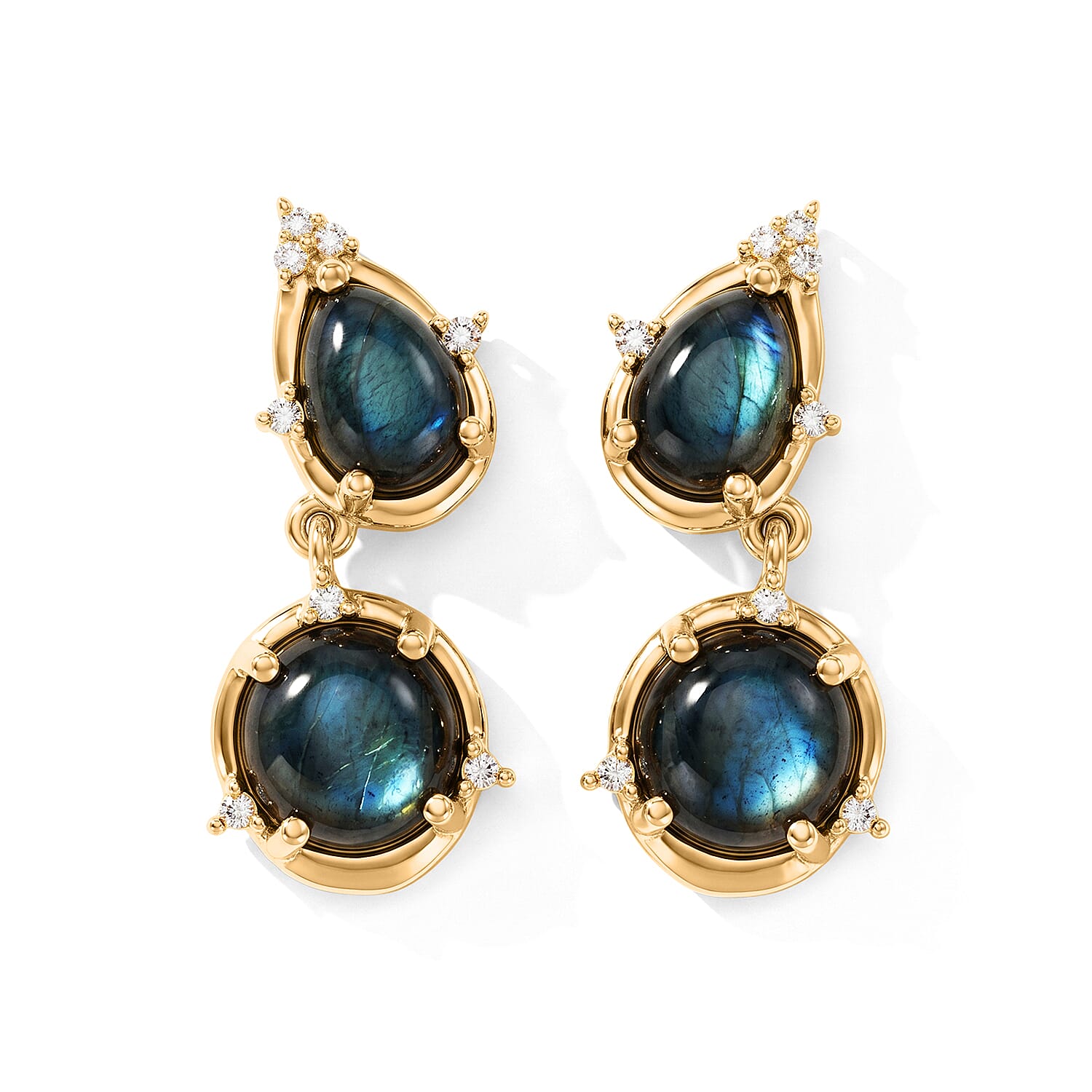 EverTrue - Labradorite & White Zircon Dangling Earring with Push Post in Yellow Gold Tone 5.37 Ct.