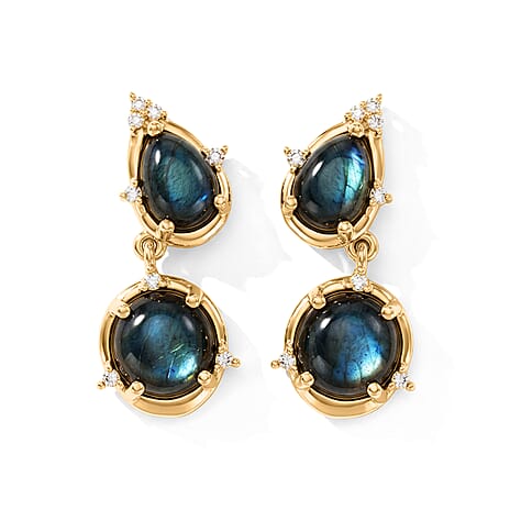 EverTrue - Labradorite & White Zircon Dangling Earring with Push Post in Yellow Gold Tone 5.37 Ct.