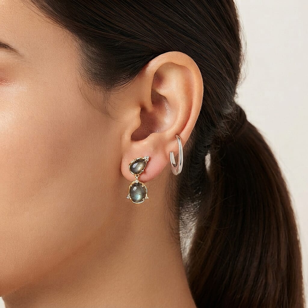 EverTrue - Labradorite & White Zircon Dangling Earring with Push Post in Yellow Gold Tone 5.37 Ct.