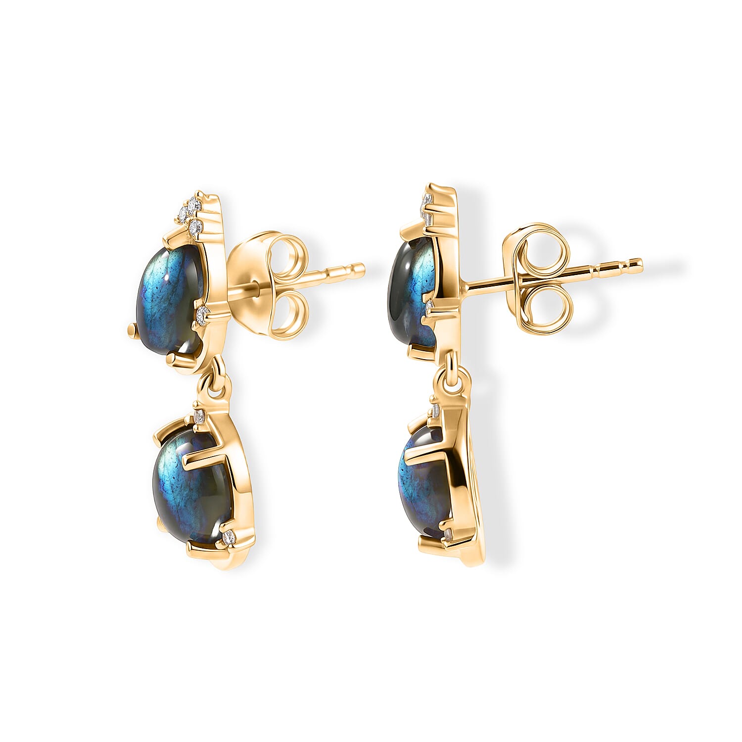 EverTrue - Labradorite & White Zircon Dangling Earring with Push Post in Yellow Gold Tone 5.37 Ct.