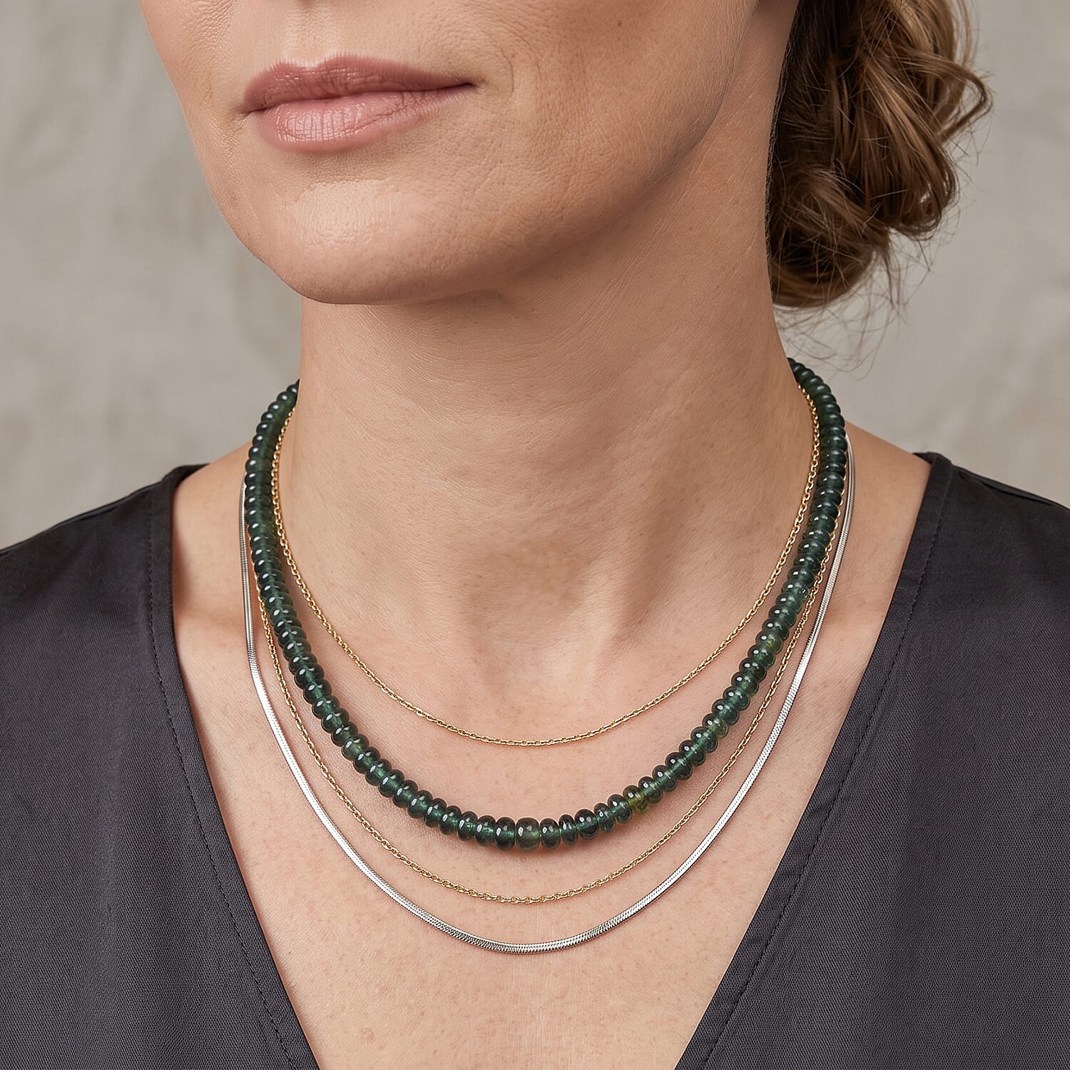 D'Joy - Natural Green Apatite Beads Necklace (Size - 18-2 Ext) in Rhodium Overlay Sterling Silver 90.00 Ct.