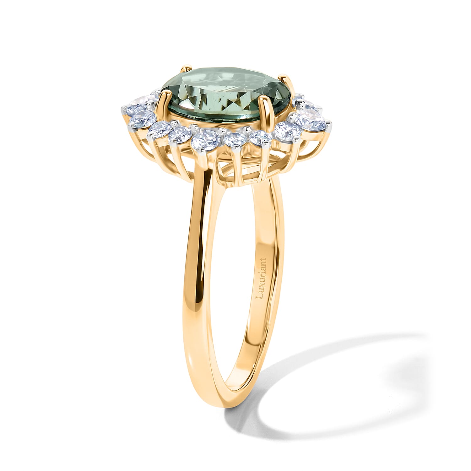 MADAGASCAR RARE FIND - 9K Yellow Gold Natural Green Apatite (2 cts) & Lab Grown Diamond (0.50 cts) (SI-G-H) Halo Ring 2.50 Ct.