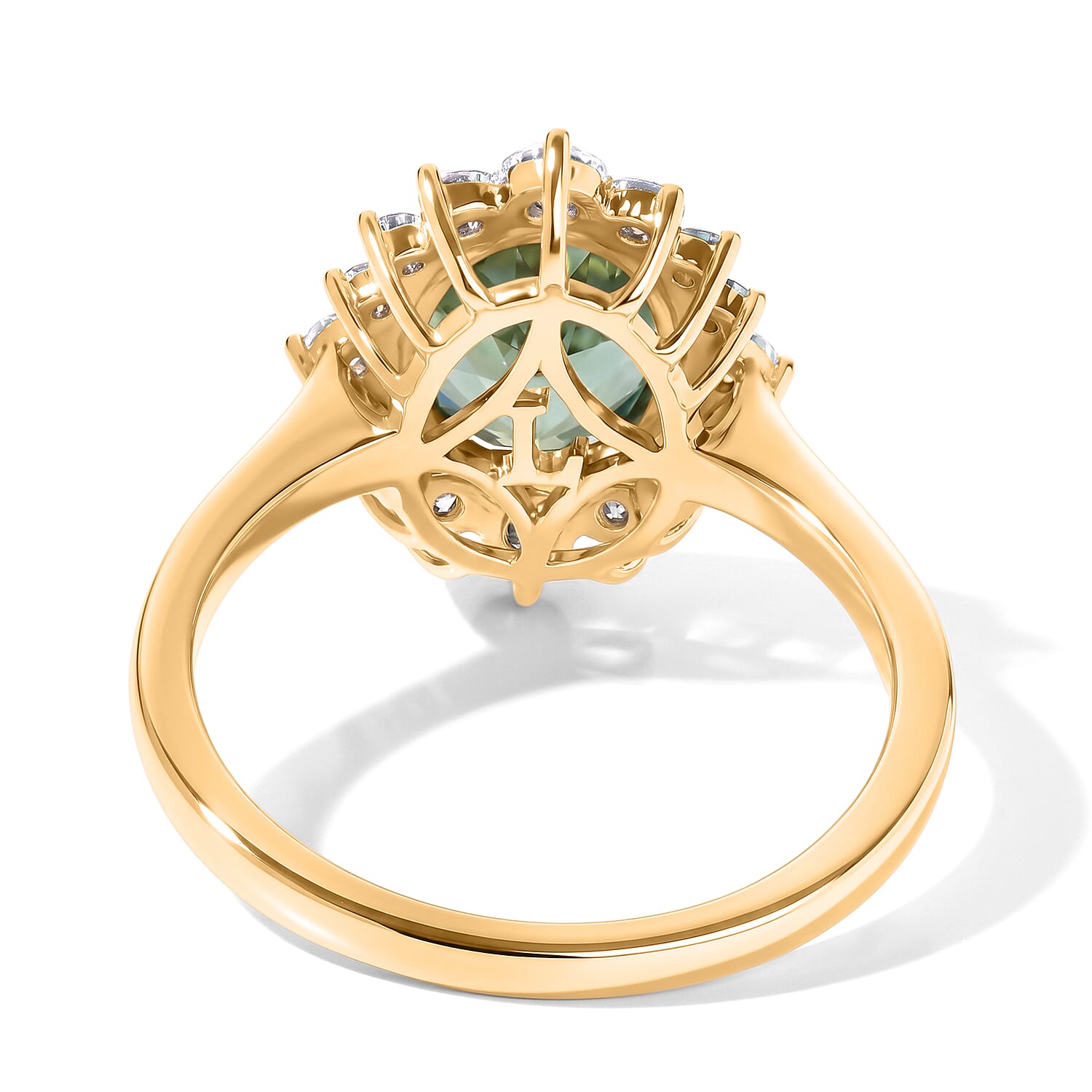 MADAGASCAR RARE FIND - 9K Yellow Gold Natural Green Apatite (2 cts) & Lab Grown Diamond (0.50 cts) (SI-G-H) Halo Ring 2.50 Ct.