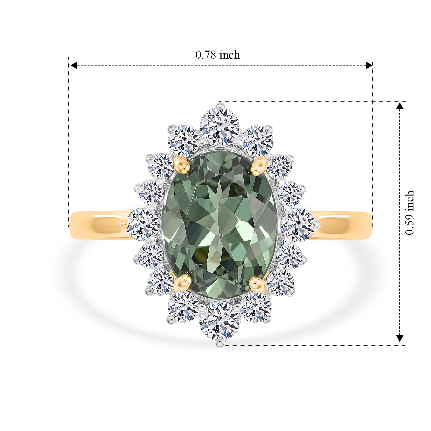 MADAGASCAR RARE FIND - 9K Yellow Gold Natural Green Apatite (2 cts) & Lab Grown Diamond (0.50 cts) (SI-G-H) Halo Ring 2.50 Ct.