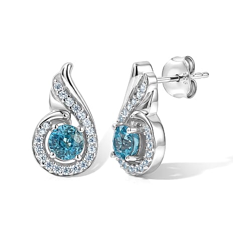 D'Joy - AAA RatanakirI Blue Zircon & White Zircon Swirl Stud Earring with Push Back in Platinum Overlay Sterling Silver 2.15 Ct.