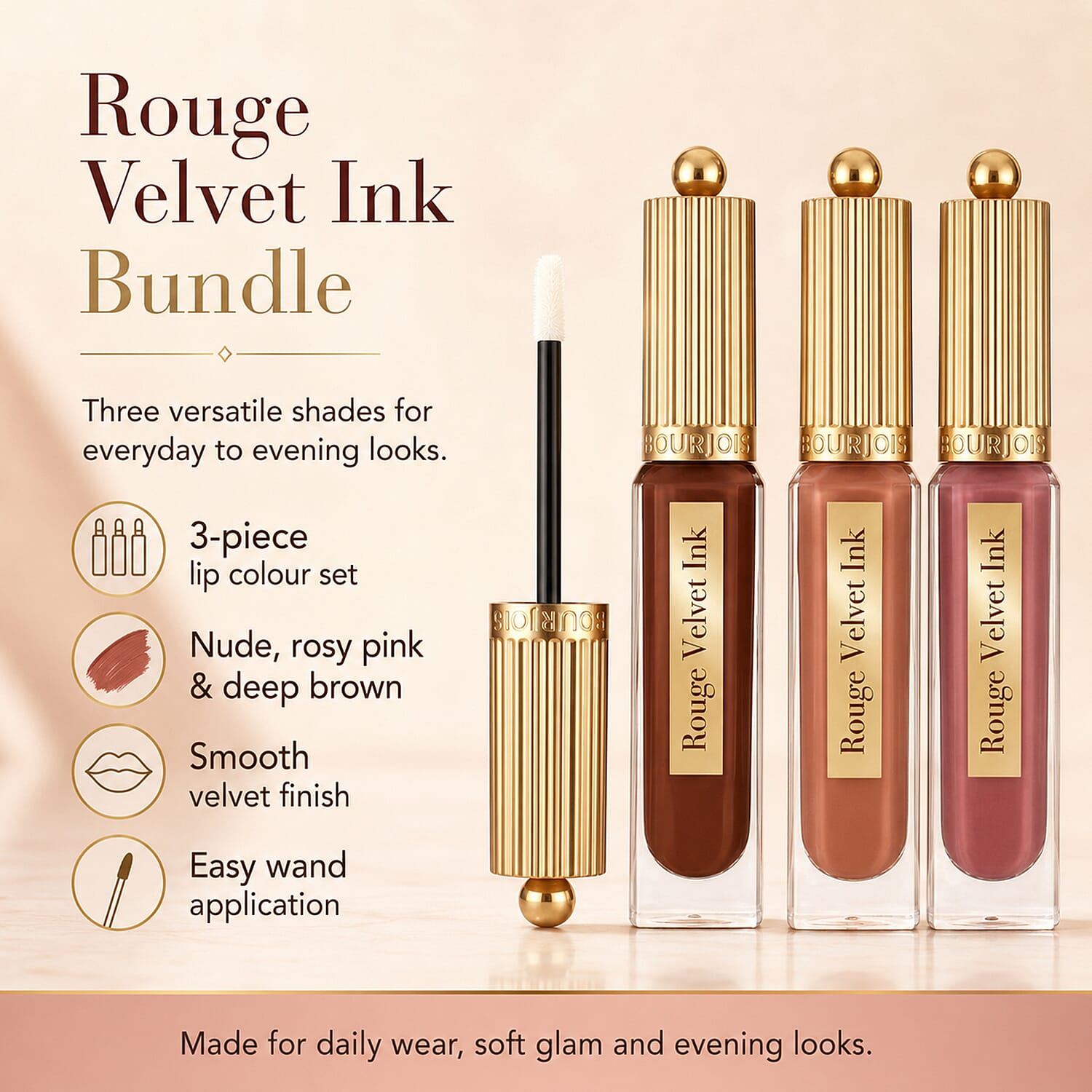 Bourjois- 3-Piece Rouge Velvet Ink Lip Colour Set (Includes All About Brown 18, Belle Brune 12 & Cup of Rose 24)