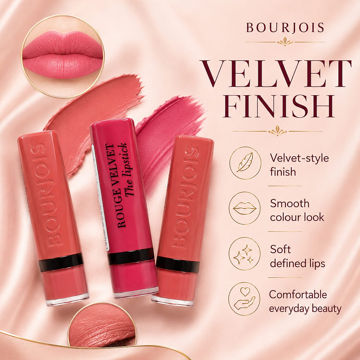 Bourjois- 3-Piece Lipstick Set (Includes Rouge Lipstick in Cherry D Amour, Rouge Lipstick in Cherry Maca Rose & Bourjois Velvet Lipstick in Mocha Mour)