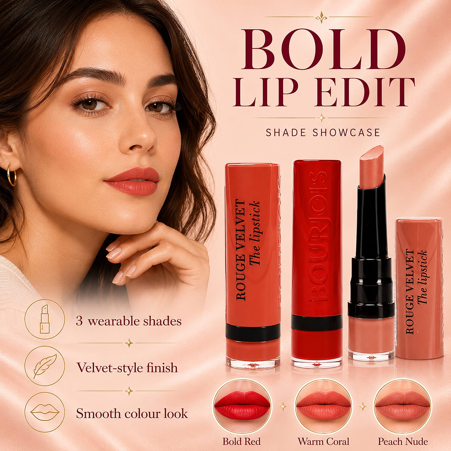 Bourjois- 3-Piece Lipstick Set (Includes Bourjois Velvet Lipstick in Caramel Sale, Bourjois Velvet Lipstick in Moka Dero 022 & Bourjois Velvet Lipstick in Chocoquette 51)