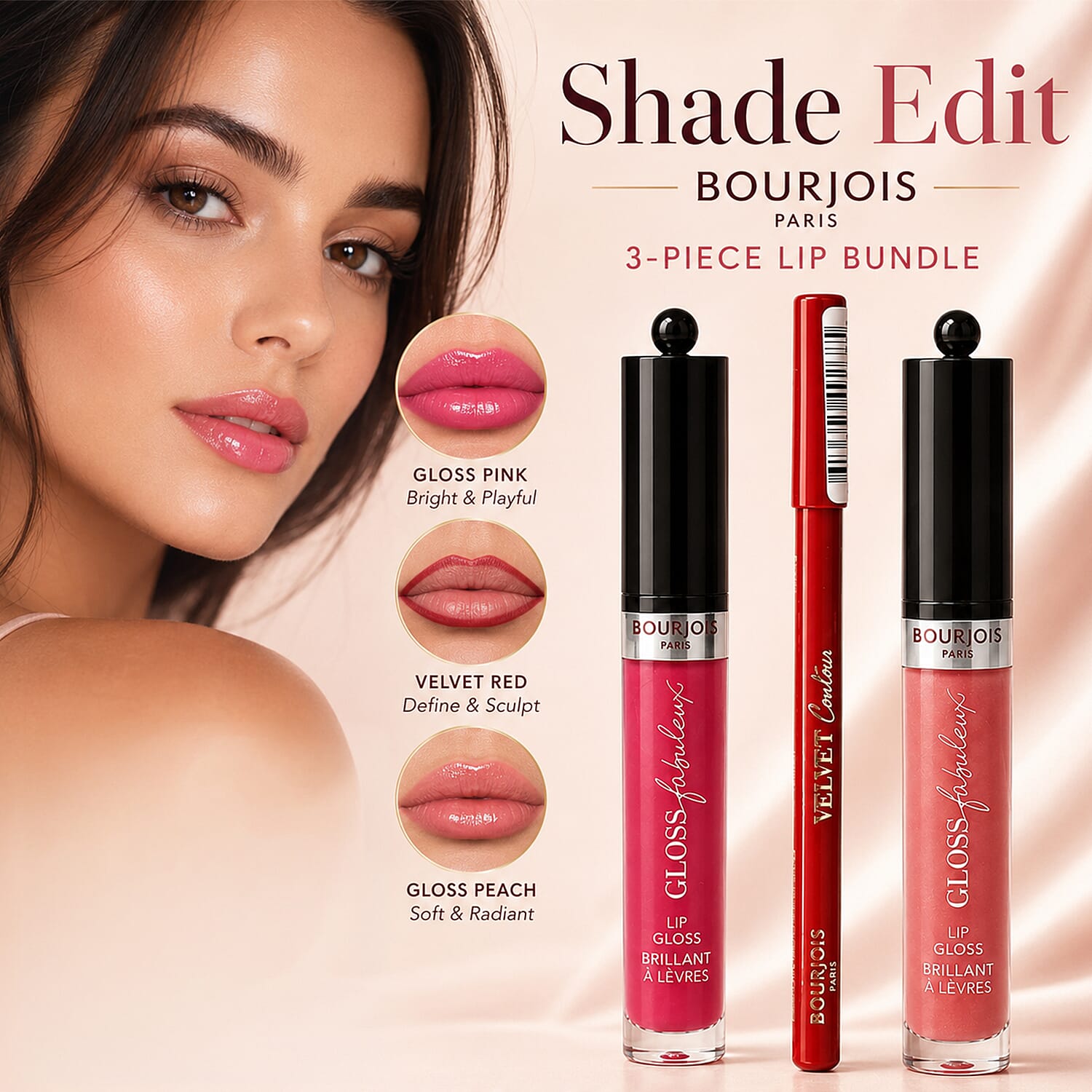 Bourjois- 3-Piece Lip Set (Includes Velvet Contour Lip Liner in Perfect Date, Rouge Fabuleux Lip Gloss in Berry Talented 008 & Rose Symphonic)