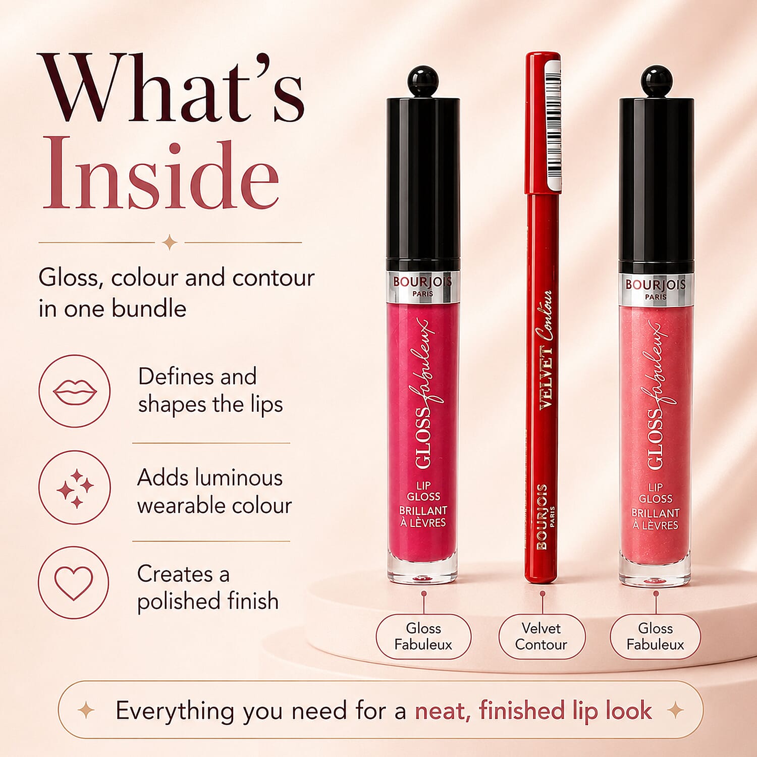 Bourjois- 3-Piece Lip Set (Includes Velvet Contour Lip Liner in Perfect Date, Rouge Fabuleux Lip Gloss in Berry Talented 008 & Rose Symphonic)