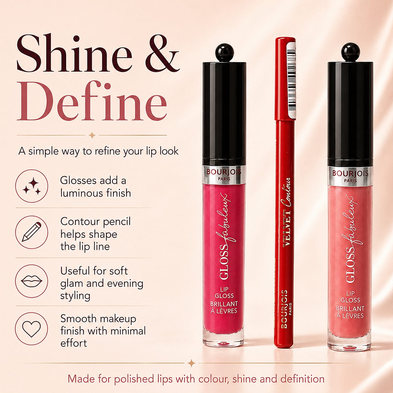 Bourjois- 3-Piece Lip Set (Includes Velvet Contour Lip Liner in Perfect Date, Rouge Fabuleux Lip Gloss in Berry Talented 008 & Rose Symphonic)