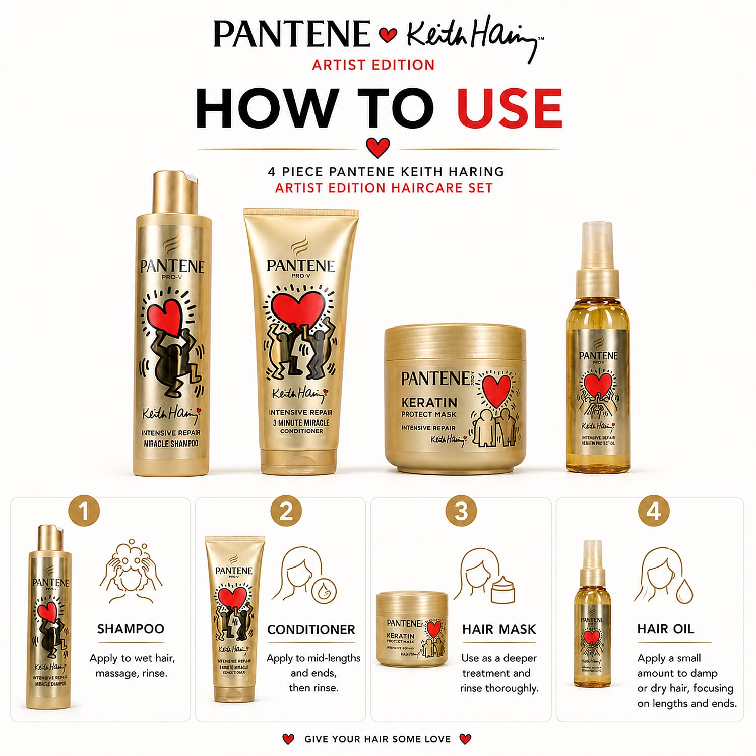 4 Piece Pantene Keith Haring Artist Edition Haircare Set - Includes Shampoo, Conditioner, Hair Mask & Hair Oil for Complete Nourishing Haircare Routine