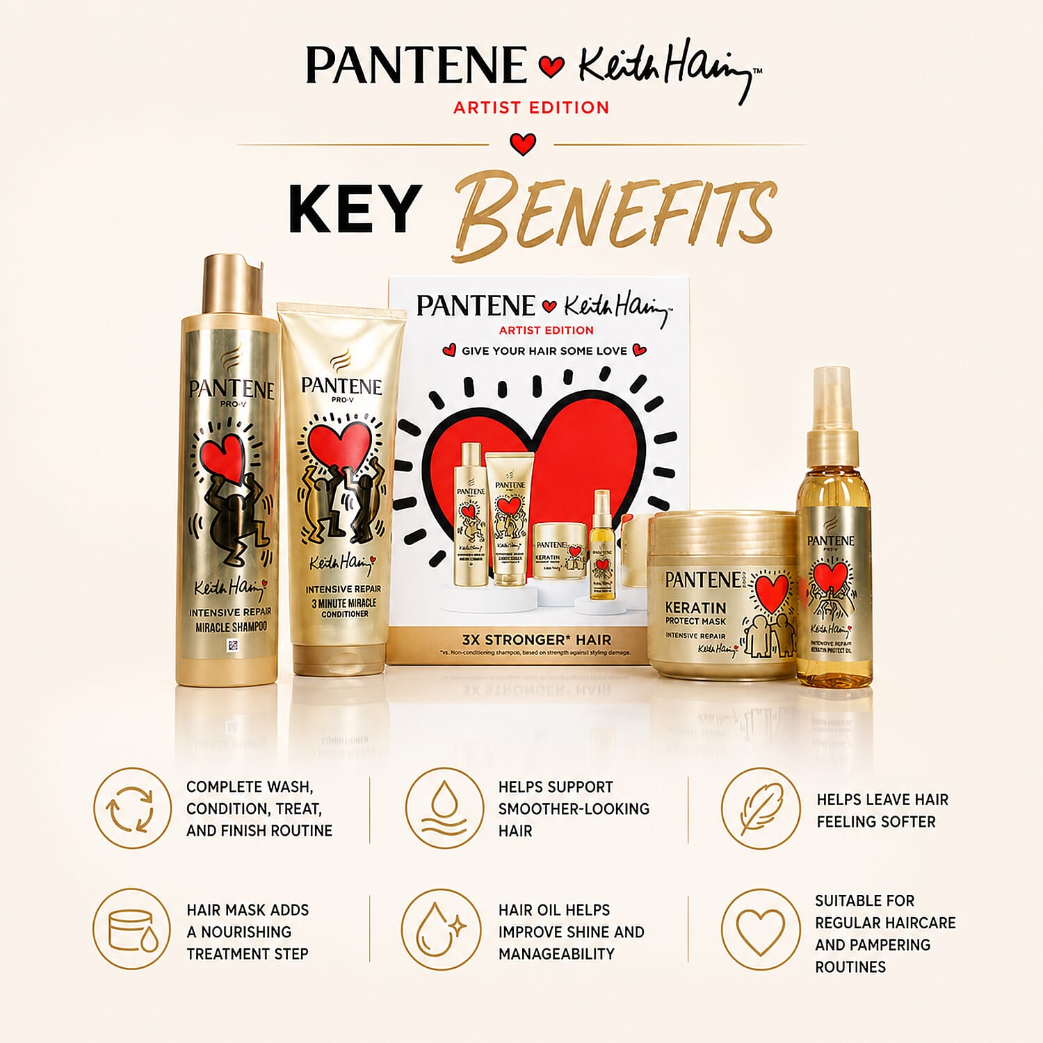 4 Piece Pantene Keith Haring Artist Edition Haircare Set - Includes Shampoo, Conditioner, Hair Mask & Hair Oil for Complete Nourishing Haircare Routine