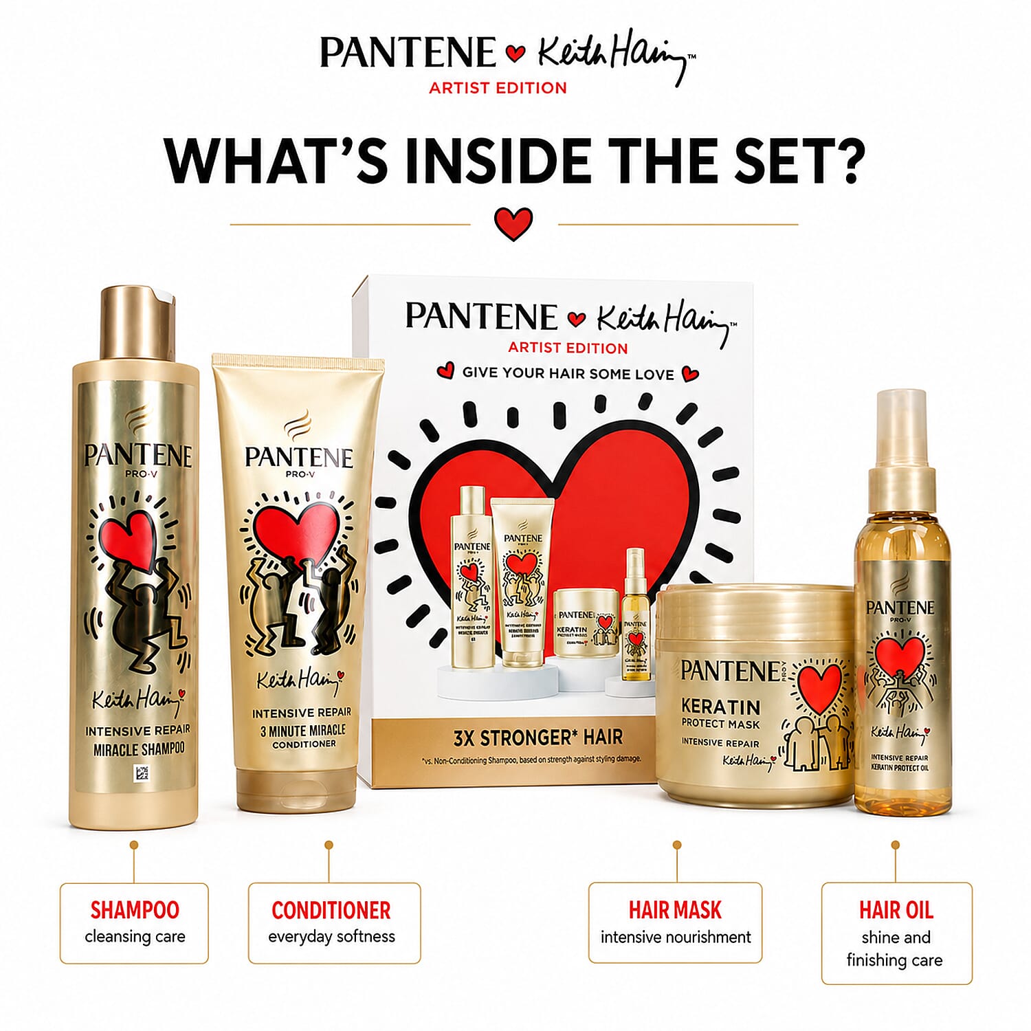 4 Piece Pantene Keith Haring Artist Edition Haircare Set - Includes Shampoo, Conditioner, Hair Mask & Hair Oil for Complete Nourishing Haircare Routine