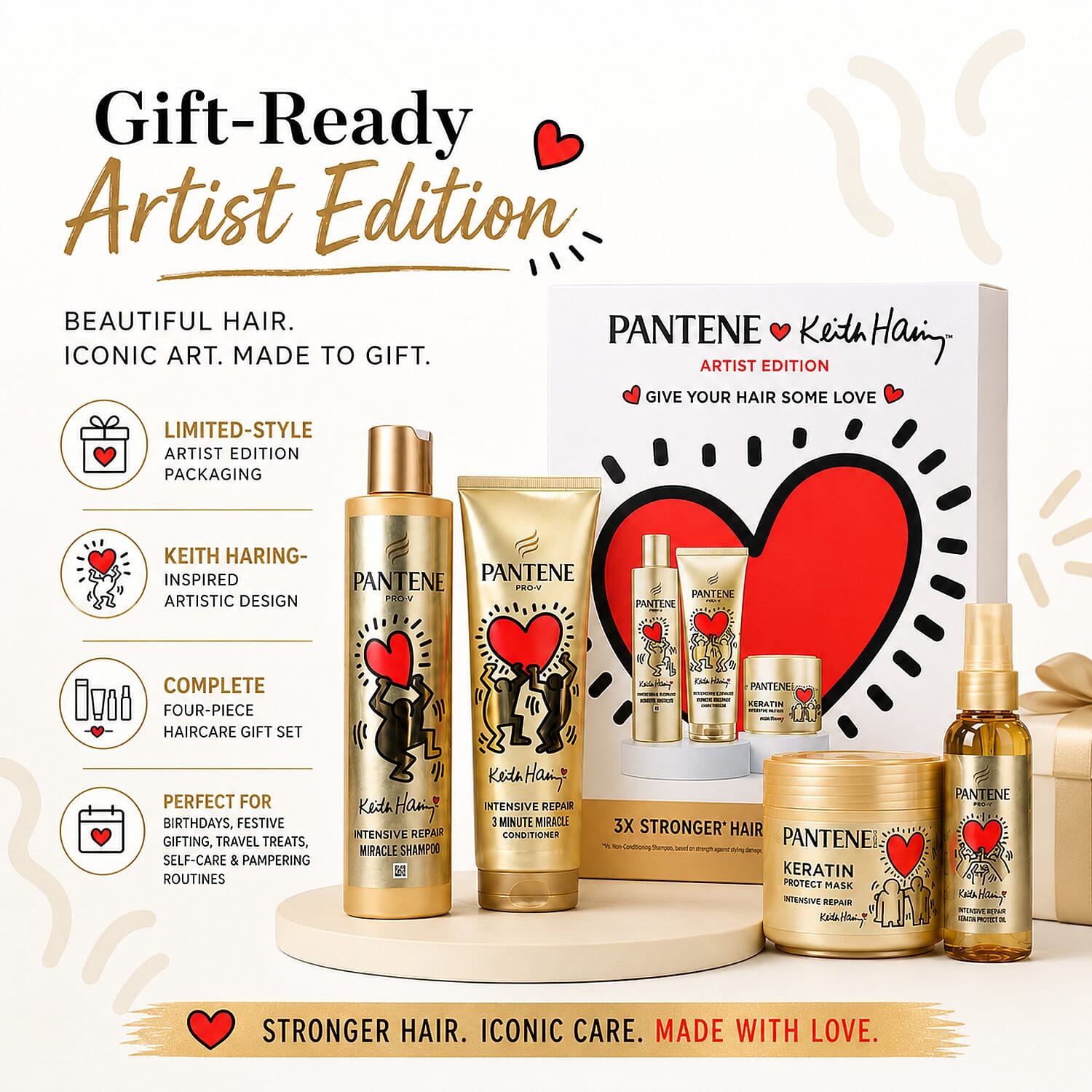 4 Piece Pantene Keith Haring Artist Edition Haircare Set - Includes Shampoo, Conditioner, Hair Mask & Hair Oil for Complete Nourishing Haircare Routine