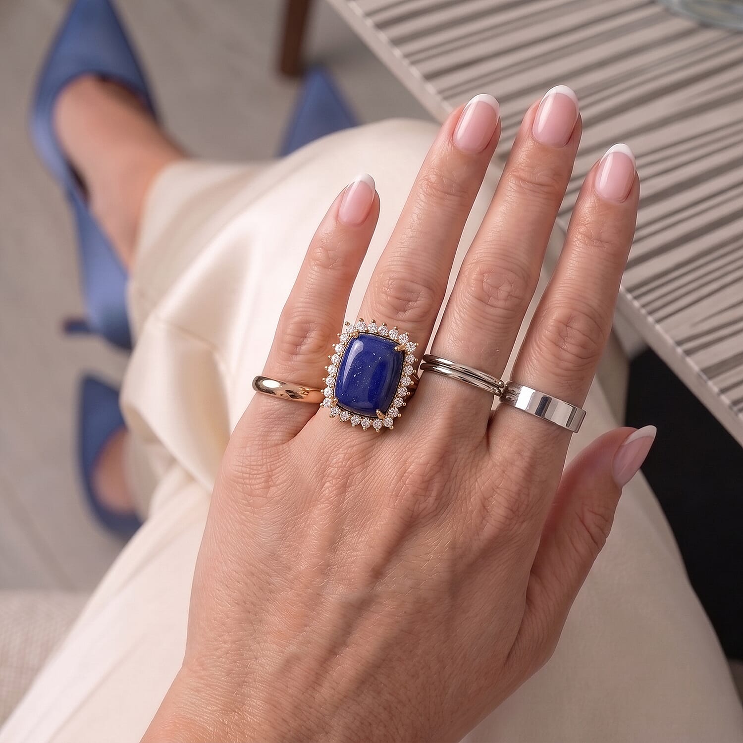 EverTrue - Lapis Lazuli & White Zircon Ring in Yellow Gold Tone 13.30 Ct.
