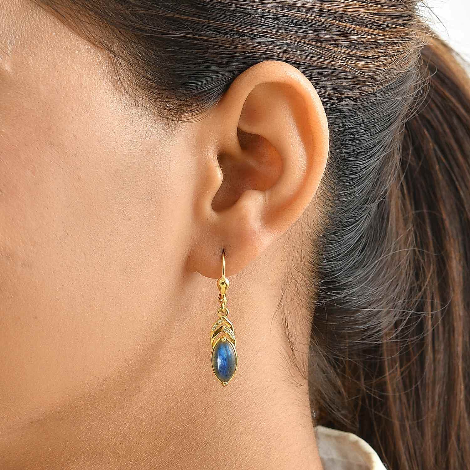 EverTrue - Labradorite & White Zircon Drop Earring with Lever Back in Yellow Gold Tone 4.50 Ct.