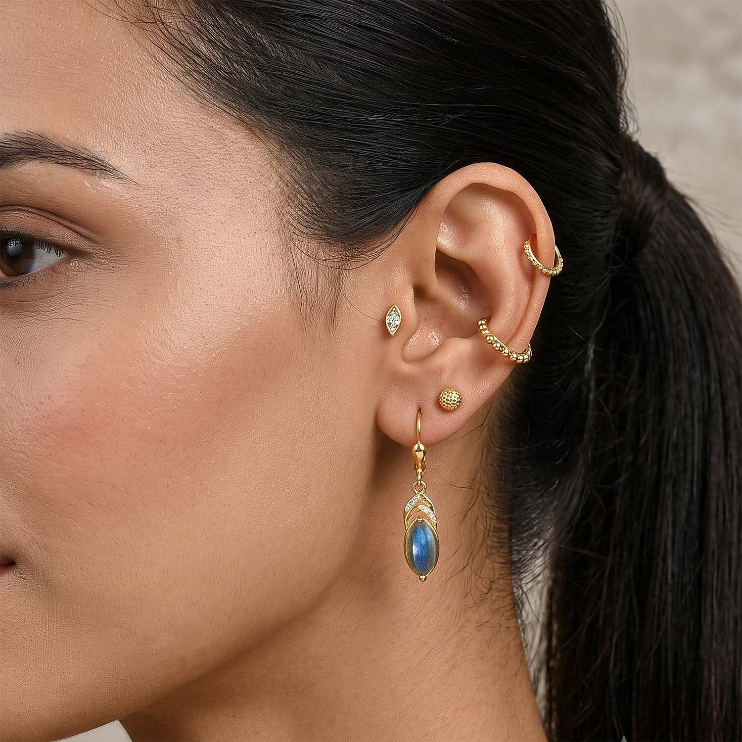 EverTrue - Labradorite & White Zircon Drop Earring with Lever Back in Yellow Gold Tone 4.50 Ct.