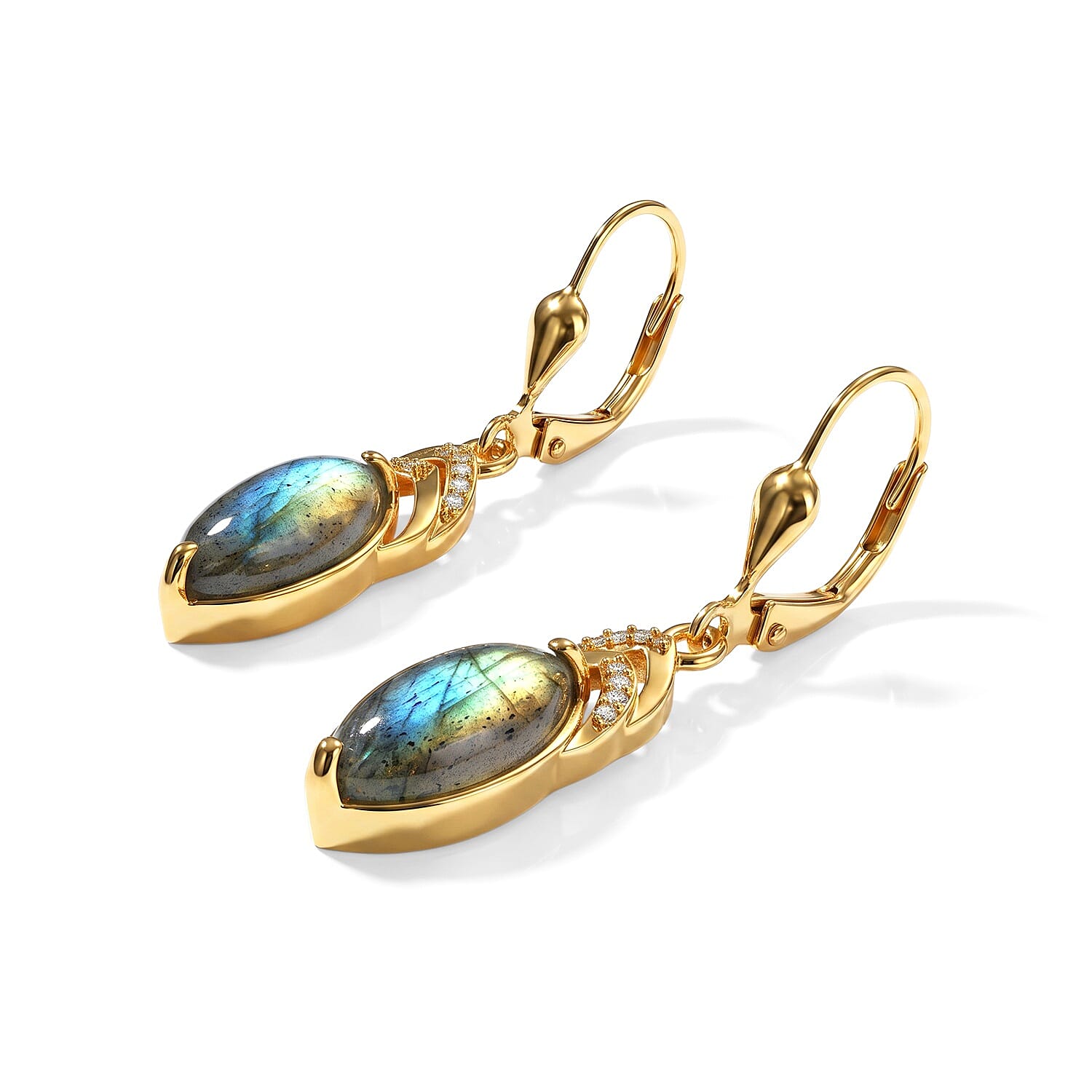 EverTrue - Labradorite & White Zircon Drop Earring with Lever Back in Yellow Gold Tone 4.50 Ct.