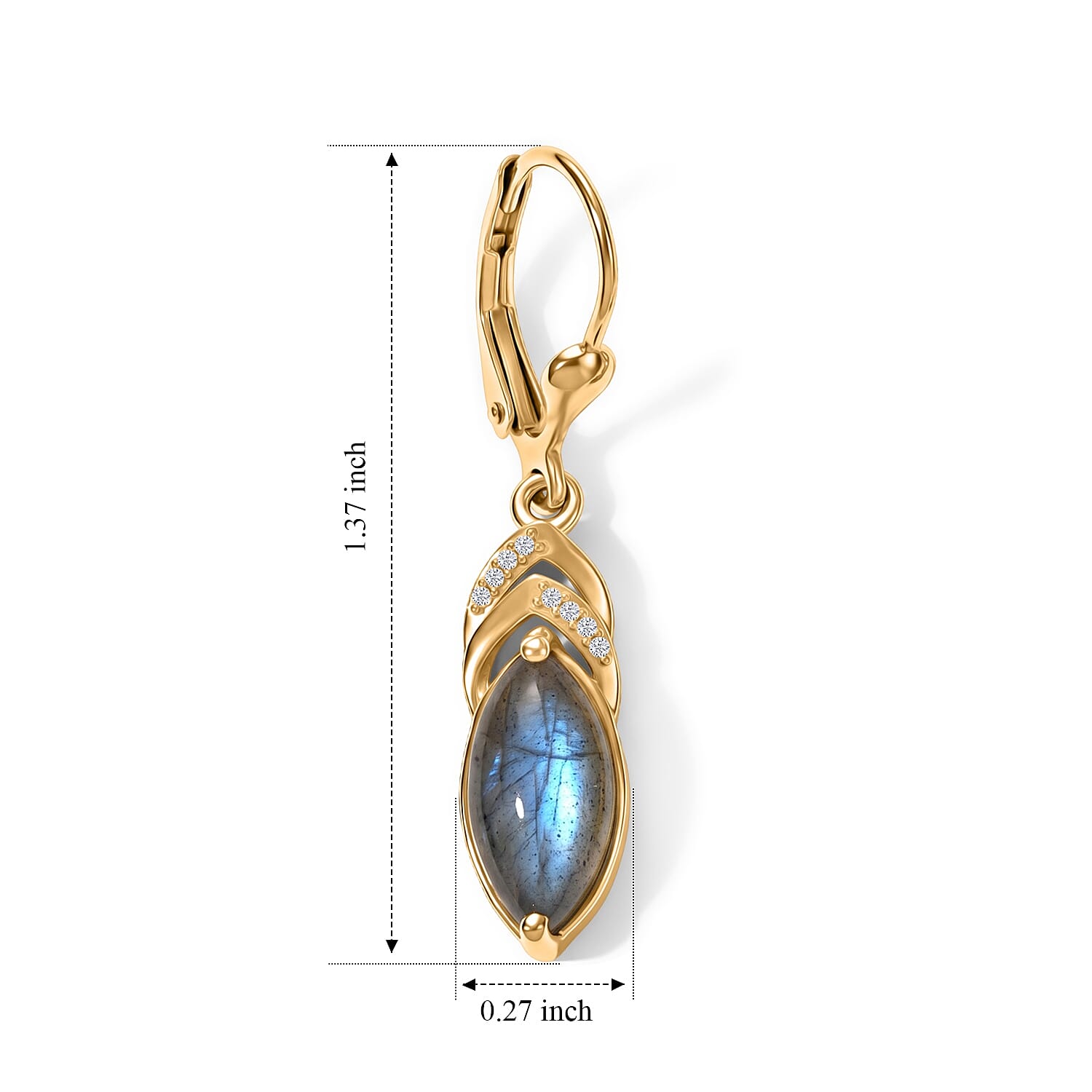 EverTrue - Labradorite & White Zircon Drop Earring with Lever Back in Yellow Gold Tone 4.50 Ct.