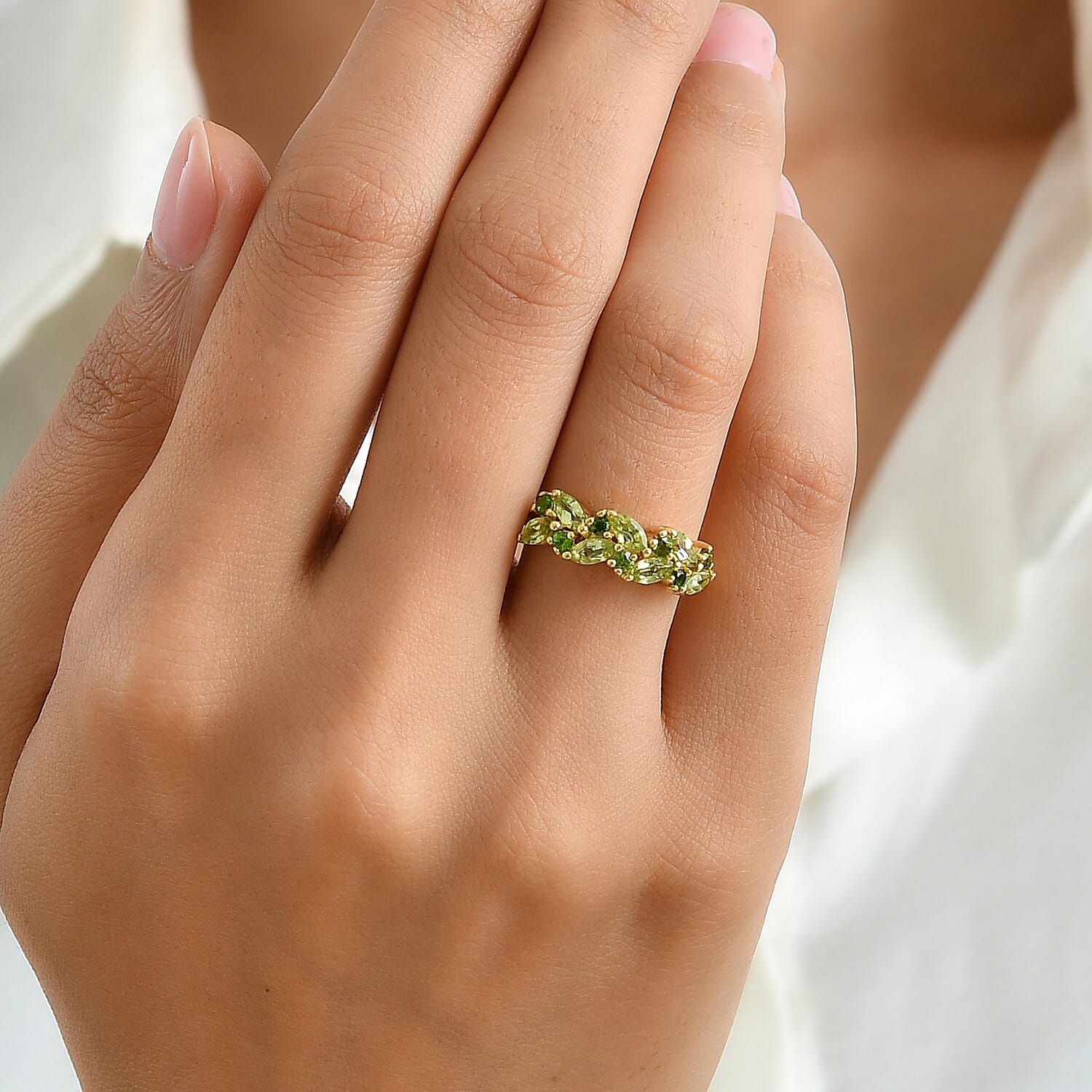 D'Joy - Peridot & Natural Chrome Diopside Leaf Band Ring in 18K Vermeil Yellow Gold Plated Sterling Silver 1.40 Ct.