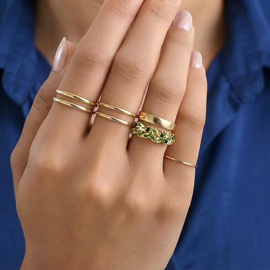 D'Joy - Peridot & Natural Chrome Diopside Leaf Band Ring in 18K Vermeil Yellow Gold Plated Sterling Silver 1.40 Ct.