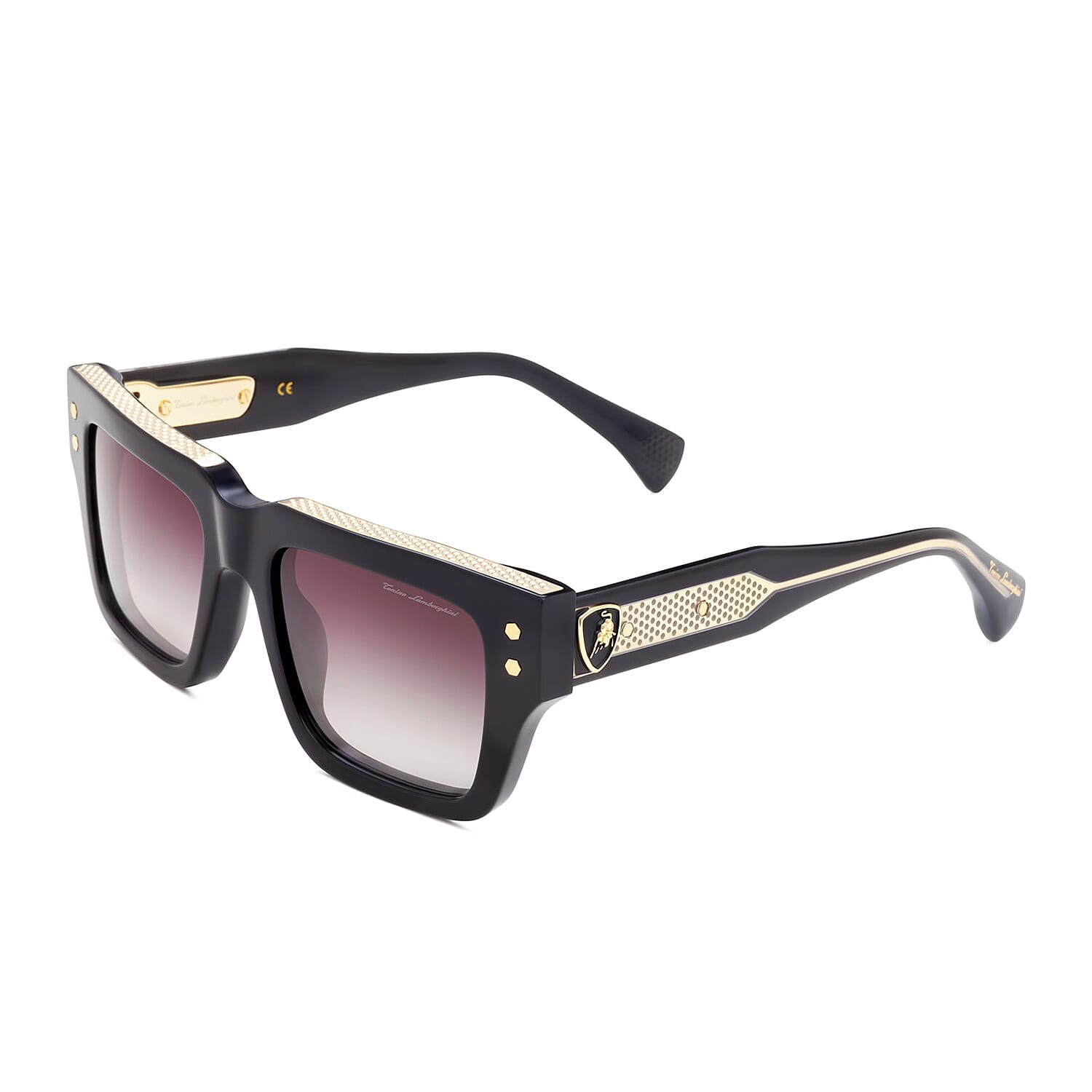 Tonino Lamborghini Eyewear- Classic Black Wayfarer Sunglasses with Grey Gradient Lenses & Gold-Tone Temple Design Detailing