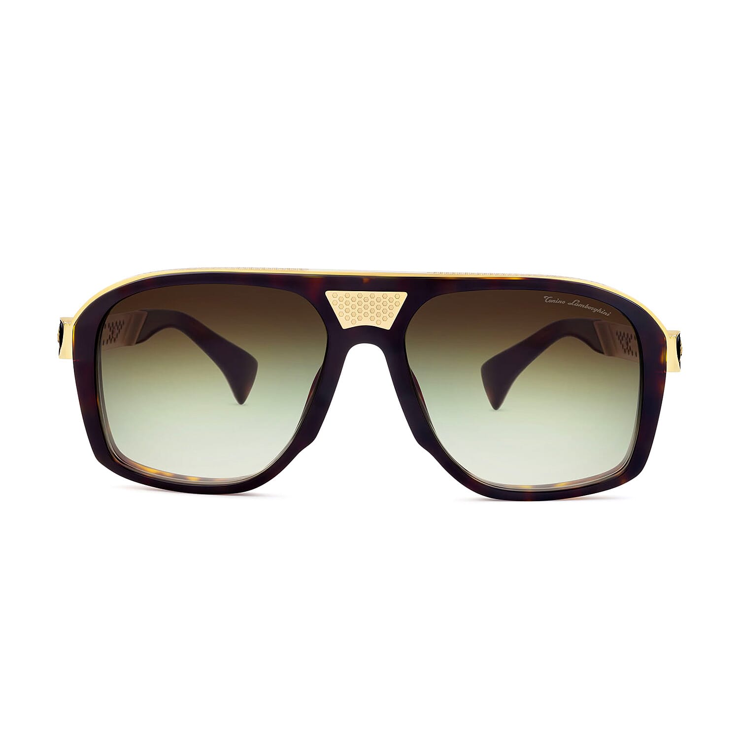 Tonino Lamborghini Eyewear- Havana Black & Gold Square Sunglasses With Green Lenses And Symbol Design On Temples
