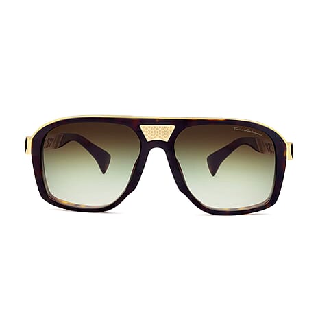 Tonino Lamborghini Eyewear- Havana Black & Gold Square Sunglasses With Green Lenses And Symbol Design On Temples