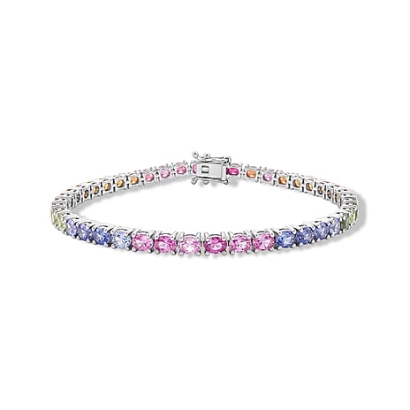 D'Joy - Multi Sapphire Tennis Bracelet (Size - 7) in Rhodium Overlay Sterling Silver 9.00 Ct.