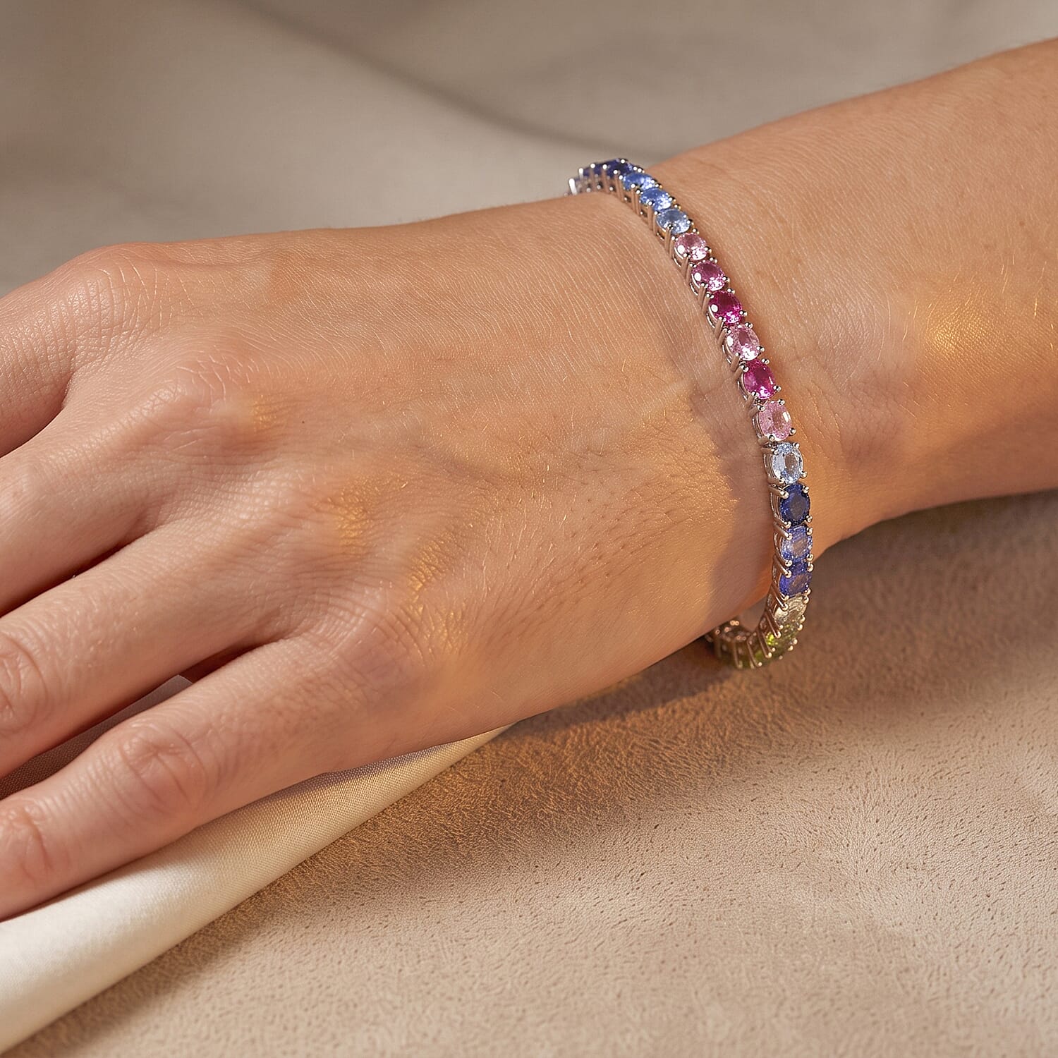 D'Joy - Multi Sapphire Tennis Bracelet (Size - 7) in Rhodium Overlay Sterling Silver 9.00 Ct.