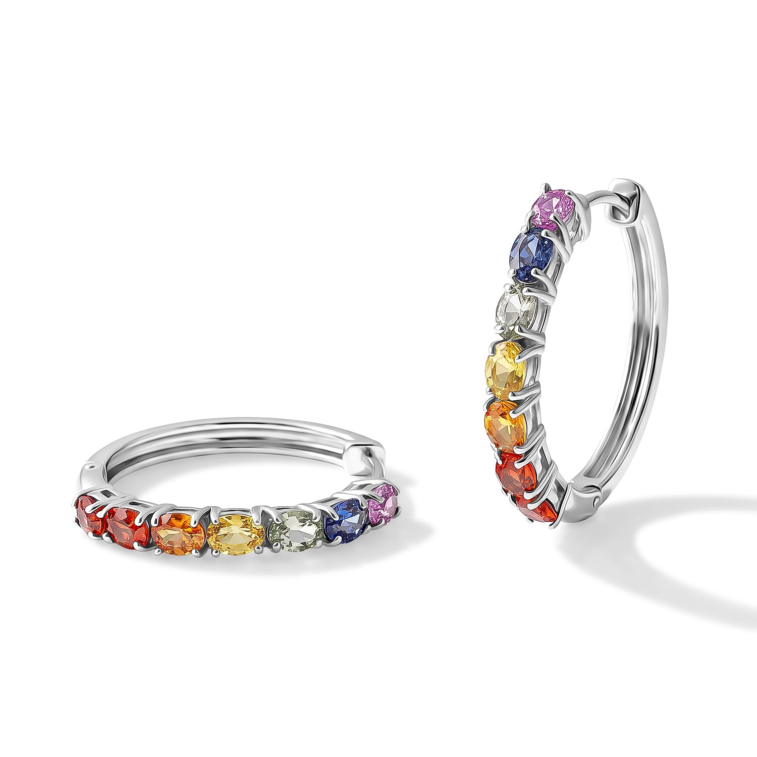 D'Joy - Multi Sapphire Hoop Earring in Rhodium Overlay Sterling Silver 3.20 Ct.