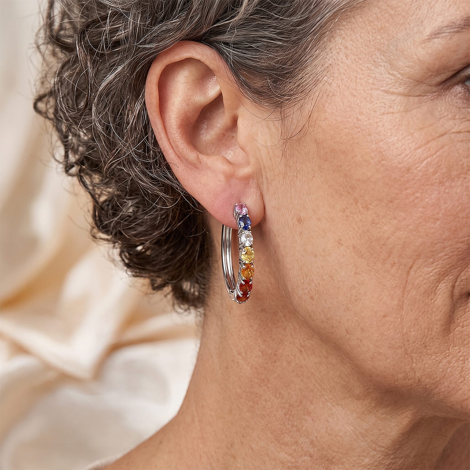 D'Joy - Multi Sapphire Hoop Earring in Rhodium Overlay Sterling Silver 3.20 Ct.