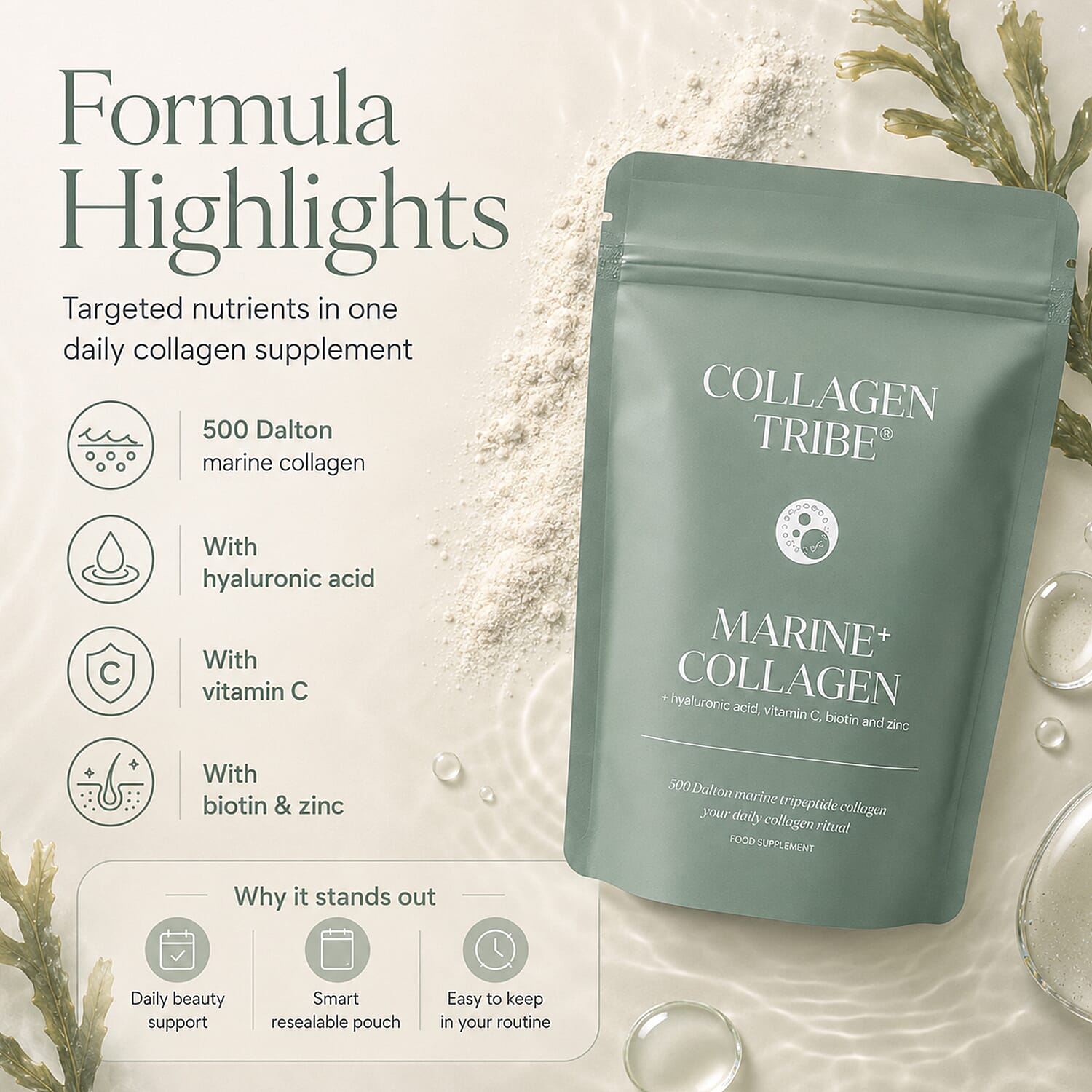 Collagen Tribe Marine- 500 Dalton Tripeptide Collagen With Hyaluronic Acid, Vitamin C, Biotin & Zinc - 108 Grams
