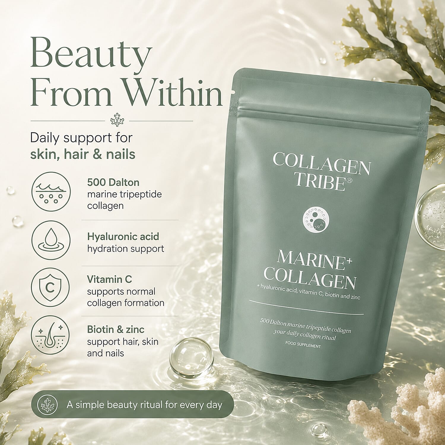 Collagen Tribe Marine- 500 Dalton Tripeptide Collagen With Hyaluronic Acid, Vitamin C, Biotin & Zinc - 108 Grams