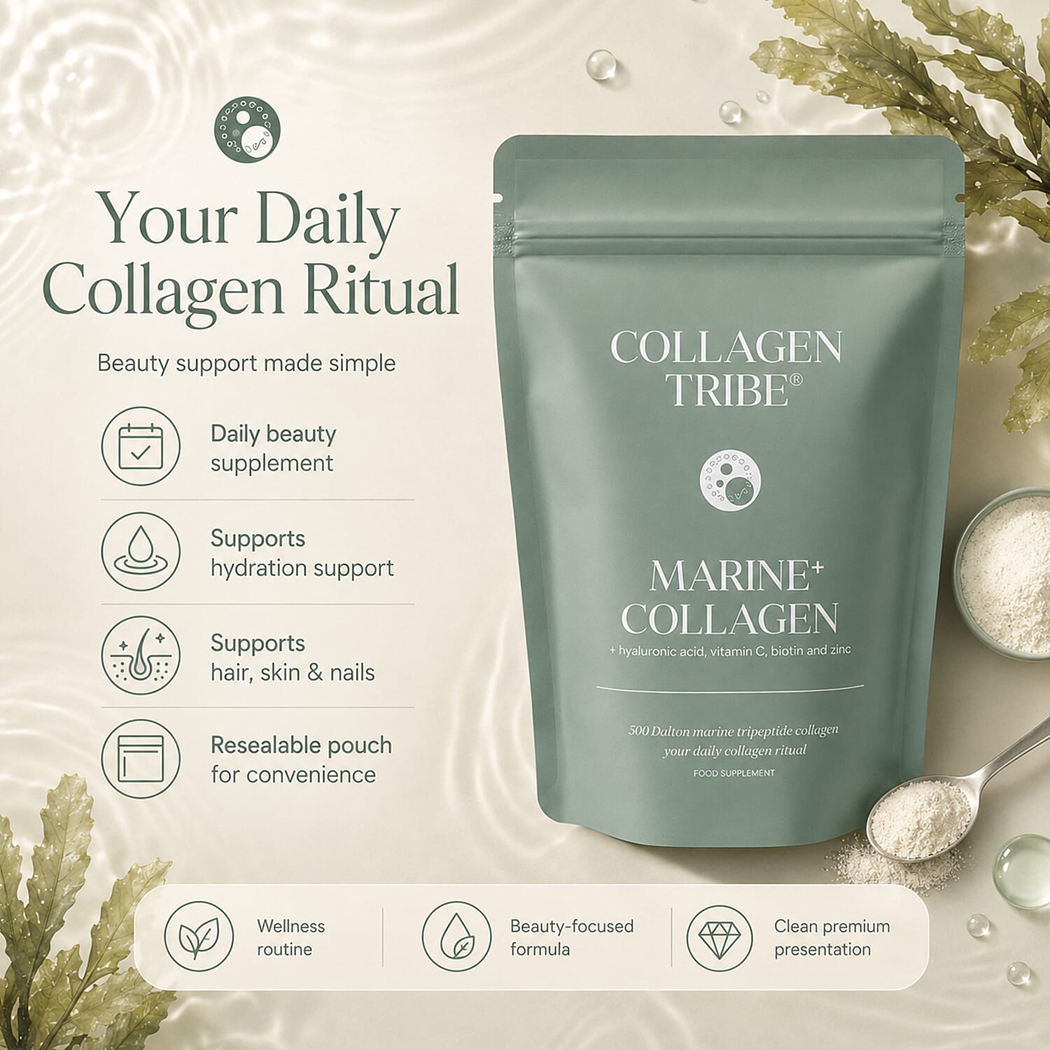 Collagen Tribe Marine- 500 Dalton Tripeptide Collagen With Hyaluronic Acid, Vitamin C, Biotin & Zinc - 108 Grams