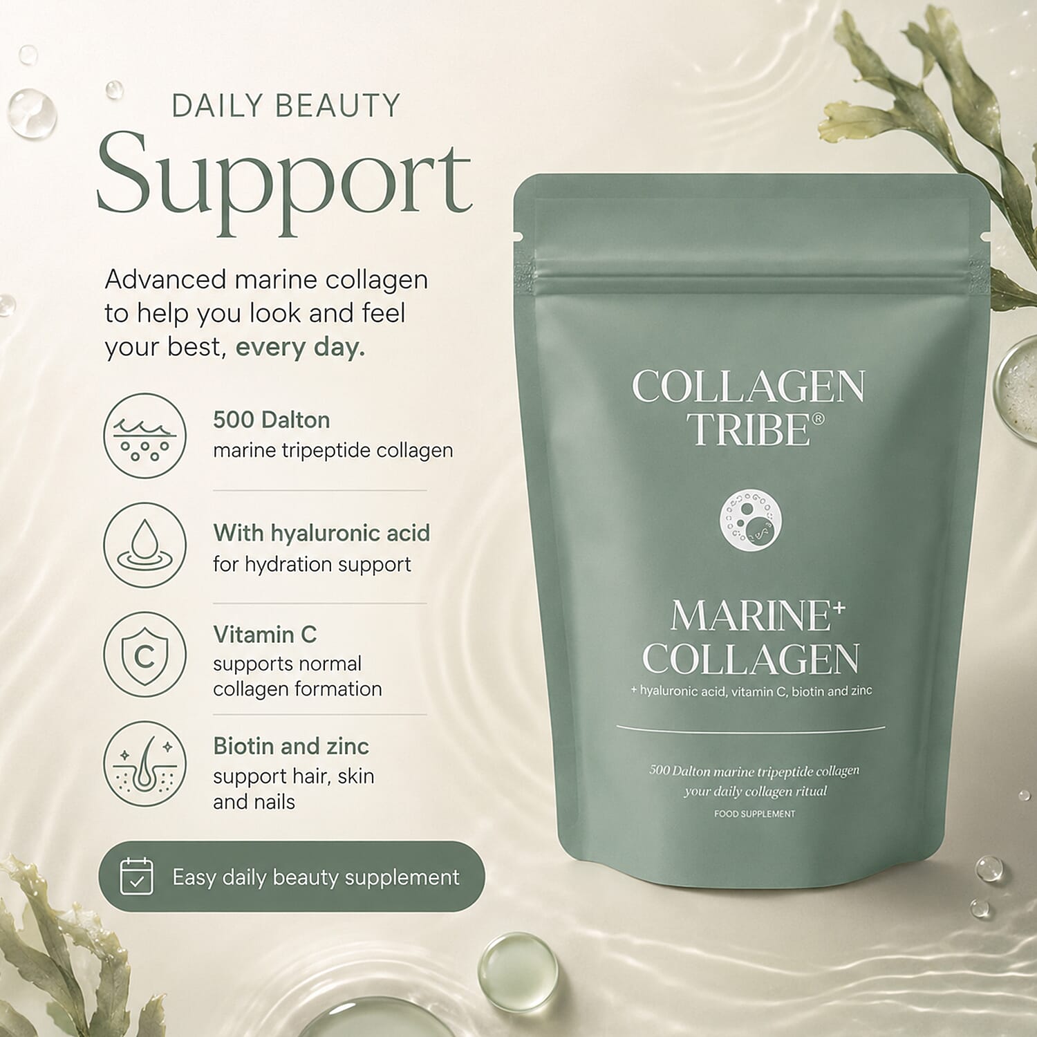 Collagen Tribe Marine- 500 Dalton Tripeptide Collagen With Hyaluronic Acid, Vitamin C, Biotin & Zinc - 108 Grams