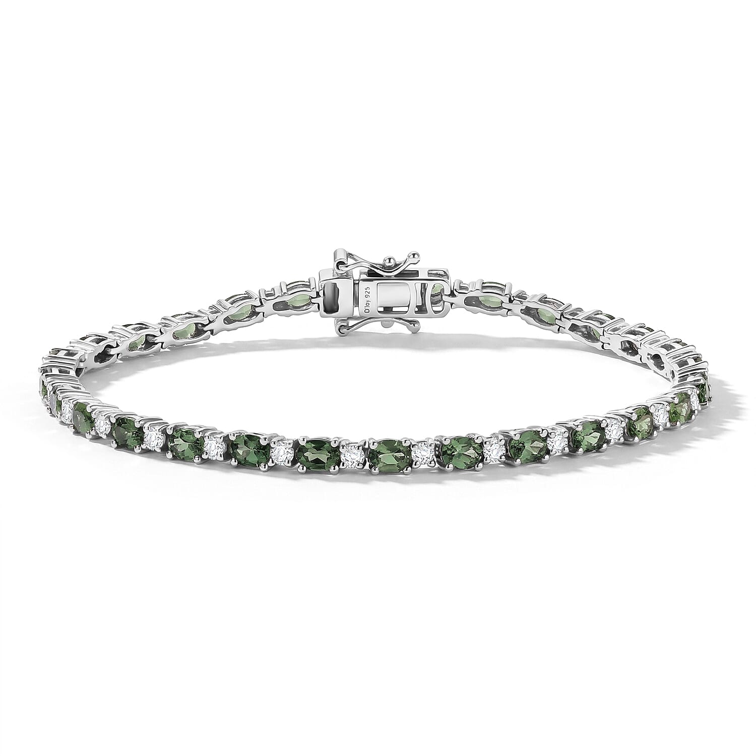 D'Joy - Natural Green Apatite & White Zircon Tennis Bracelet (Size - 7) with GB Lock Box in Rhodium Overlay Sterling Silver 6.40 Ct.