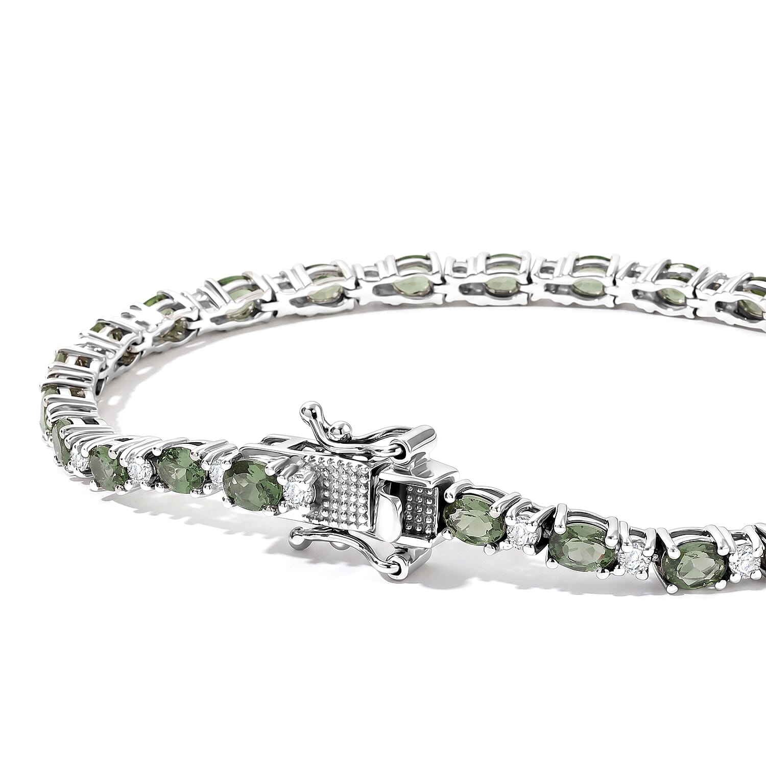 D'Joy - Natural Green Apatite & White Zircon Tennis Bracelet (Size - 7) with GB Lock Box in Rhodium Overlay Sterling Silver 6.40 Ct.