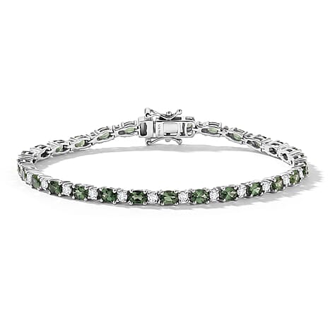 D'Joy - Natural Green Apatite & White Zircon Tennis Bracelet (Size - 7.5) with GB Lock Box in Rhodium Overlay Sterling Silver 6.50 Ct.