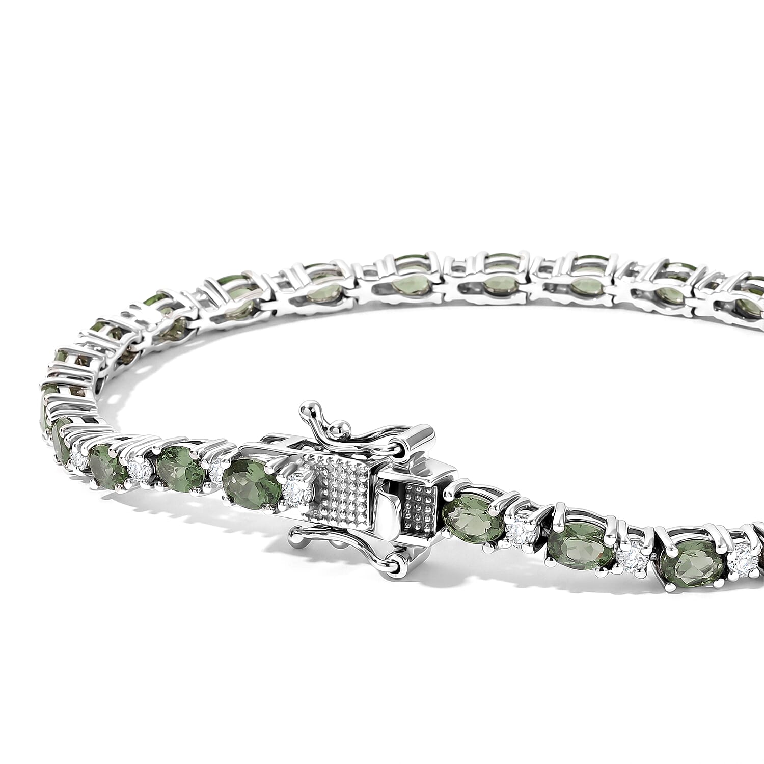 D'Joy - Natural Green Apatite & White Zircon Tennis Bracelet (Size - 7.5) with GB Lock Box in Rhodium Overlay Sterling Silver 6.50 Ct.