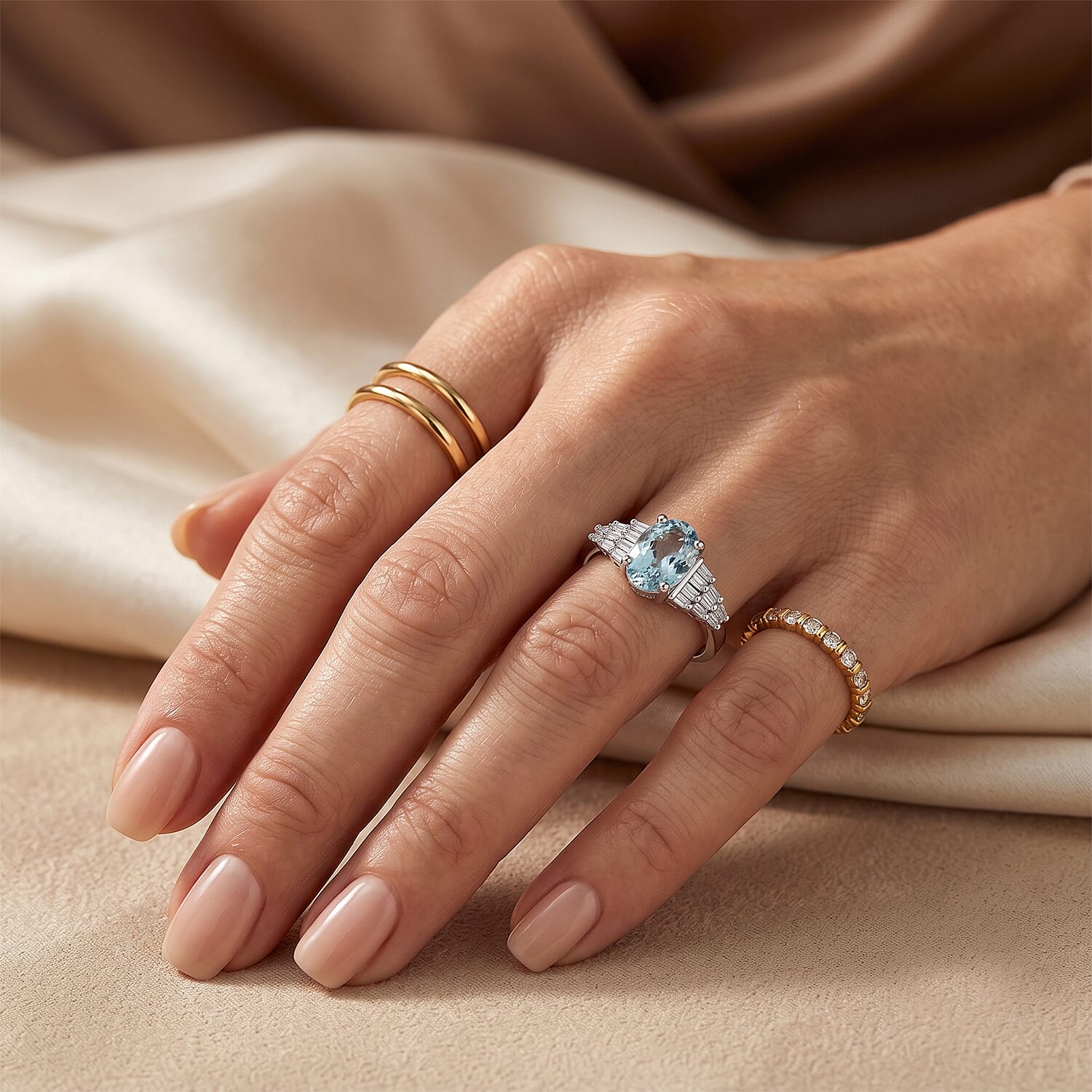 D'Joy - Blue Zircon & White Diamond Ballerina Ring in Rhodium Overlay Sterling Silver 1.46 Ct.