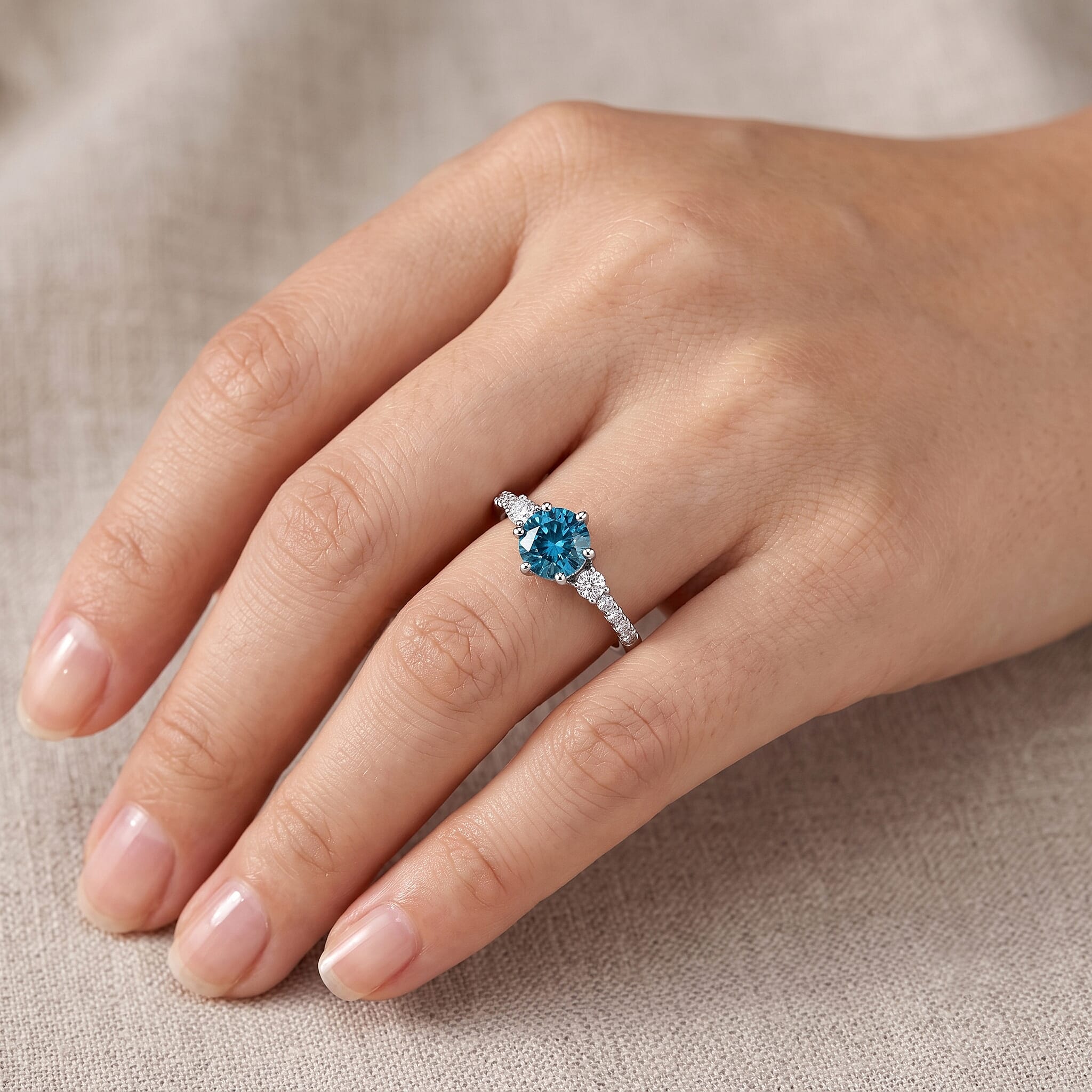 Luxuriant Blue Zircon, Lab Grown Diamond Ring in Rhodium OverlaySterling Silver  1.390  Ct.