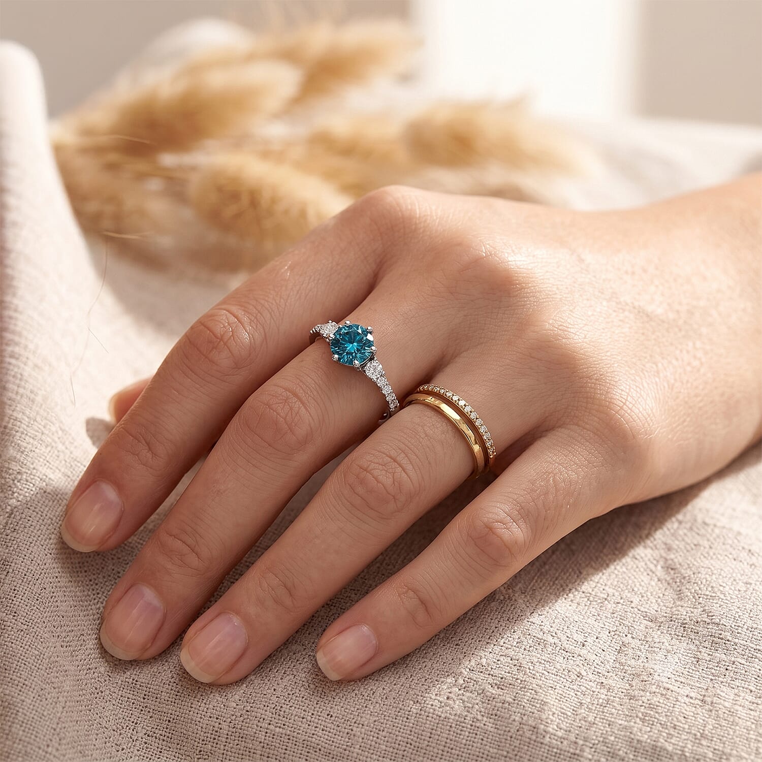 Luxuriant Blue Zircon, Lab Grown Diamond Ring in Rhodium OverlaySterling Silver  1.390  Ct.