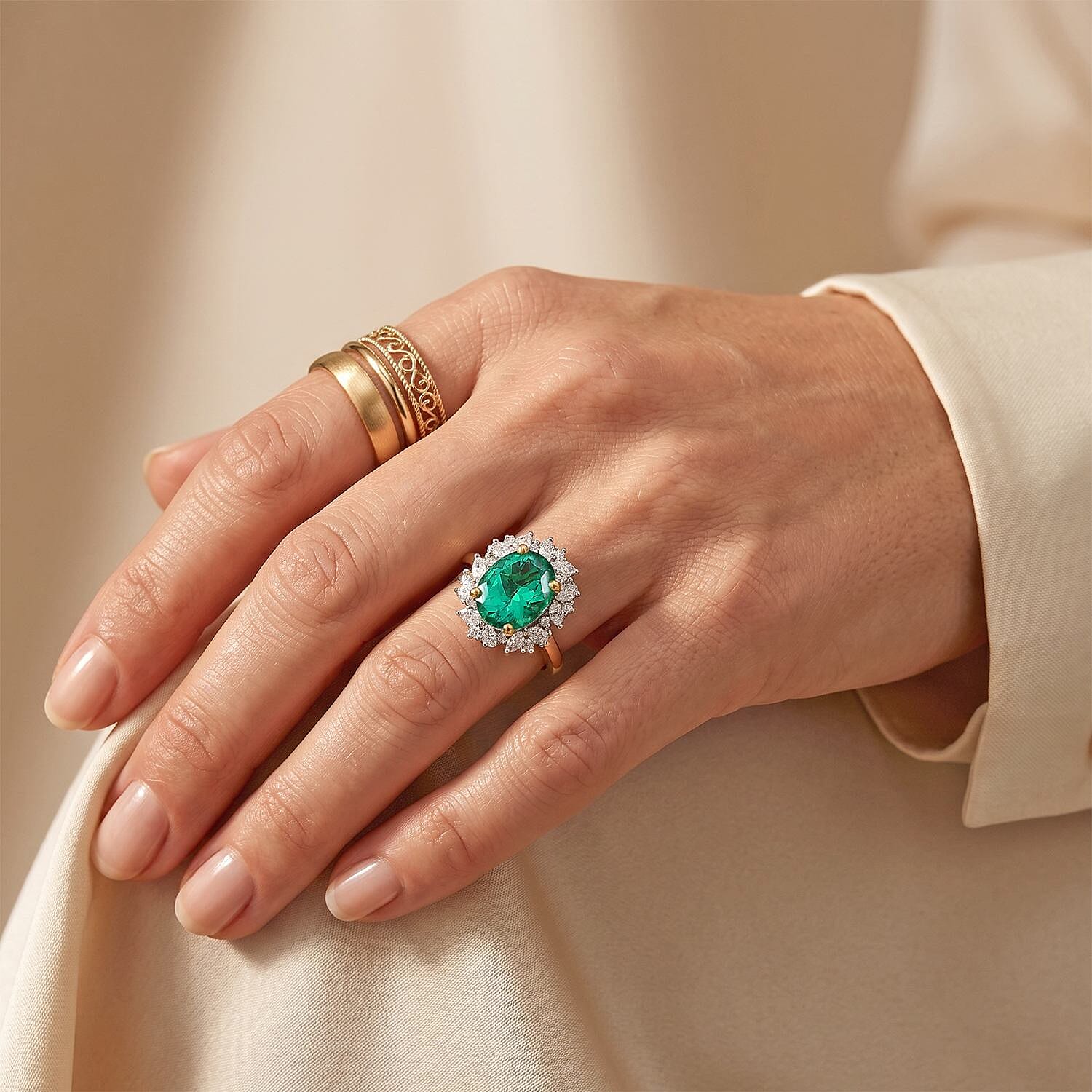 DOD Lab Grown Columbian Emerald (2.40 Cts) & Lab Grown Diamond  (SI-G-H) Halo Ring in 18K Vermeil Yellow Gold Plated Sterling Silver 3.05 Ct.