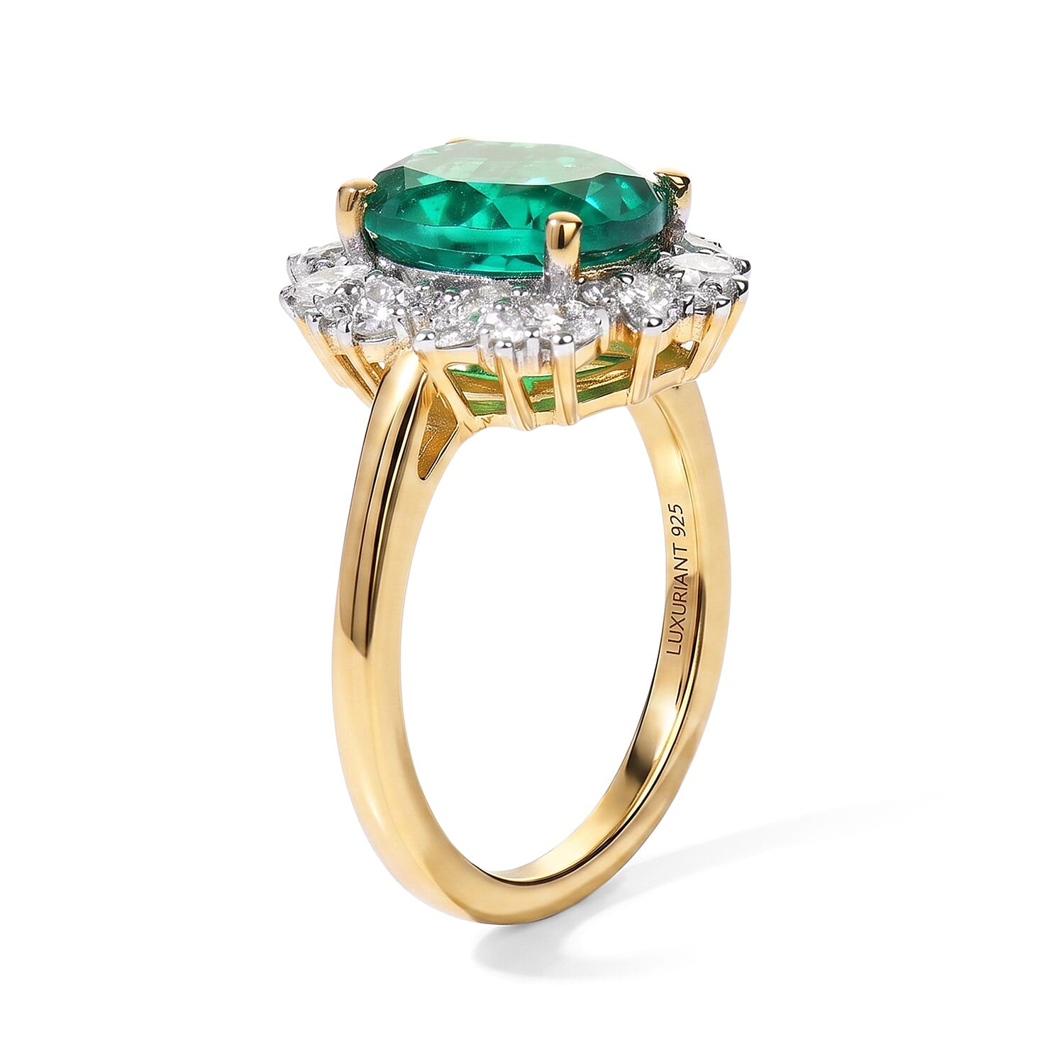 DOD Lab Grown Columbian Emerald (2.40 Cts) & Lab Grown Diamond  (SI-G-H) Halo Ring in 18K Vermeil Yellow Gold Plated Sterling Silver 3.05 Ct.