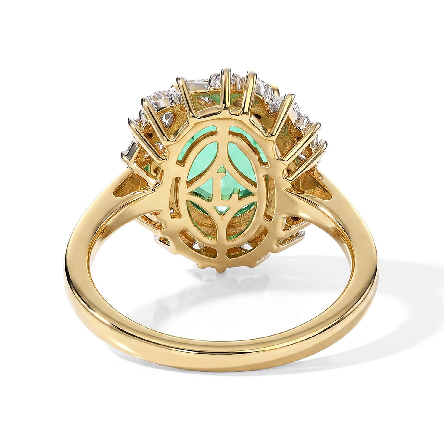 DOD Lab Grown Columbian Emerald (2.40 Cts) & Lab Grown Diamond  (SI-G-H) Halo Ring in 18K Vermeil Yellow Gold Plated Sterling Silver 3.05 Ct.