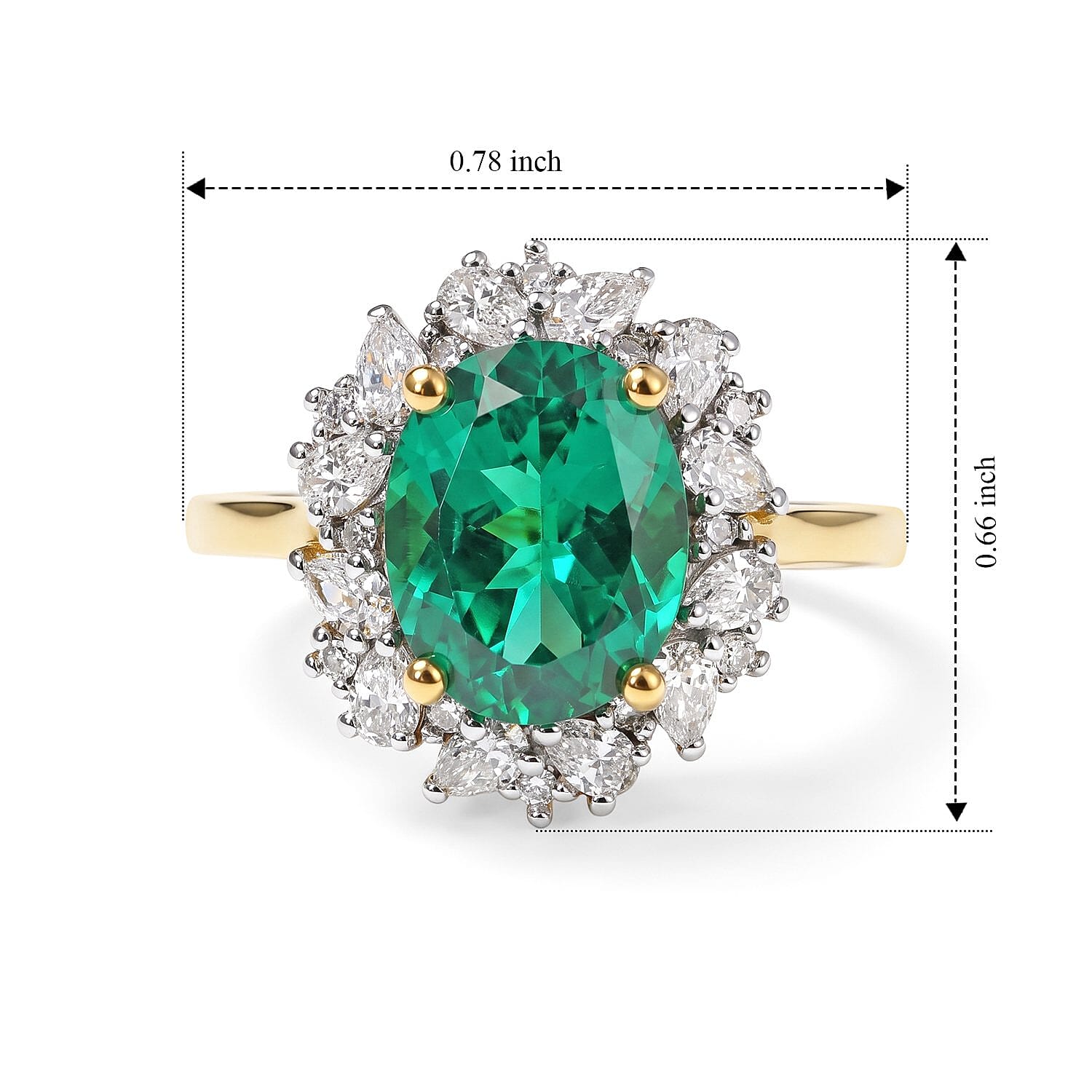DOD Lab Grown Columbian Emerald (2.40 Cts) & Lab Grown Diamond  (SI-G-H) Halo Ring in 18K Vermeil Yellow Gold Plated Sterling Silver 3.05 Ct.