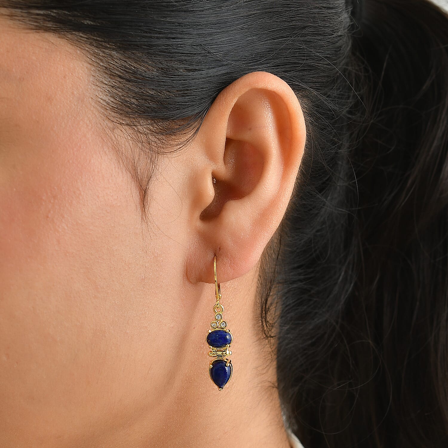 EverTrue - Lapis Lazuli & Moissanite Dangling Earring with Lever Back in Yellow Gold Tone 6.10 Ct.