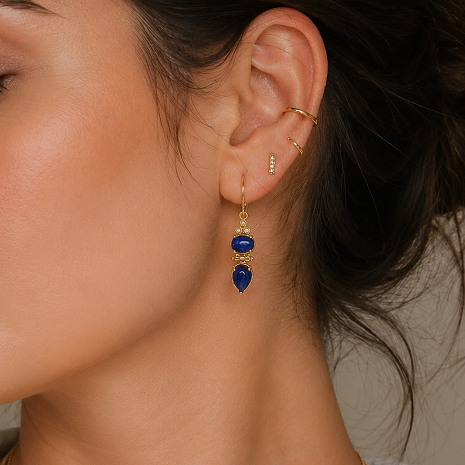 EverTrue - Lapis Lazuli & Moissanite Dangling Earring with Lever Back in Yellow Gold Tone 6.10 Ct.